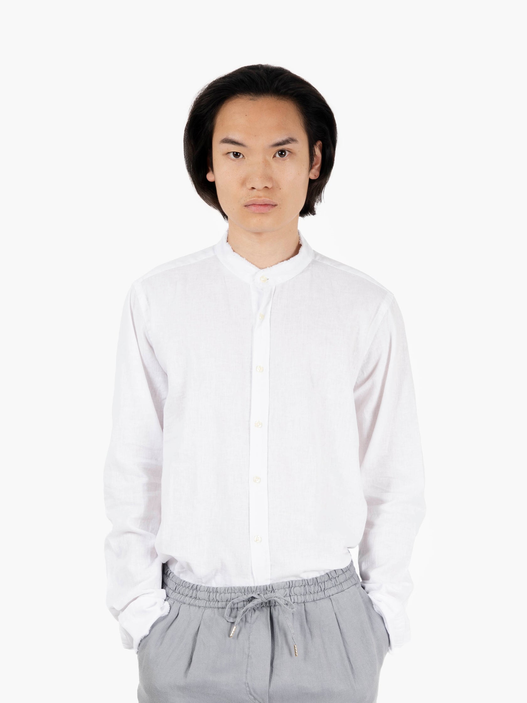 Camicia in cotone e lino sfrangiata bianco