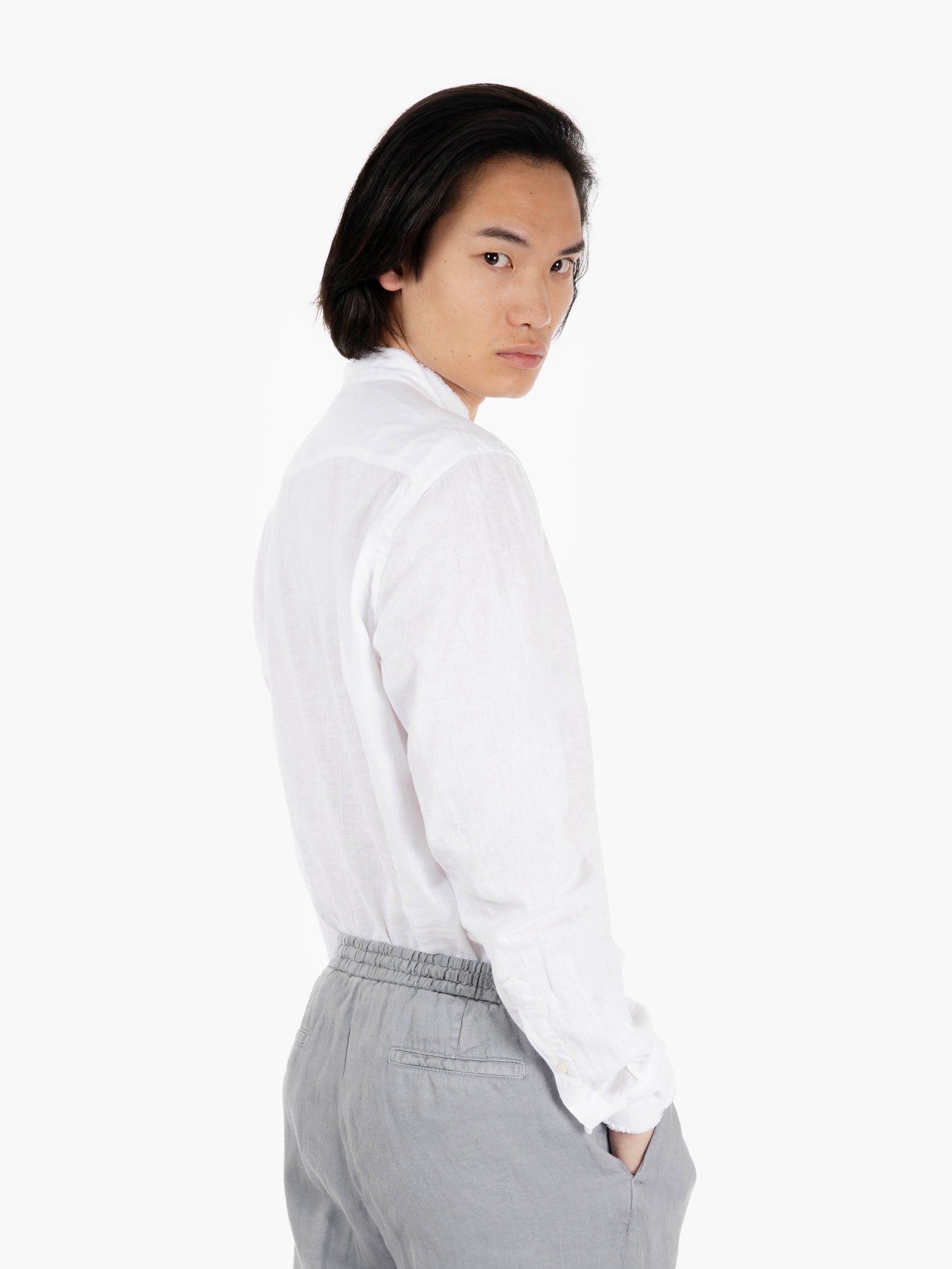 Camicia in cotone e lino sfrangiata bianco