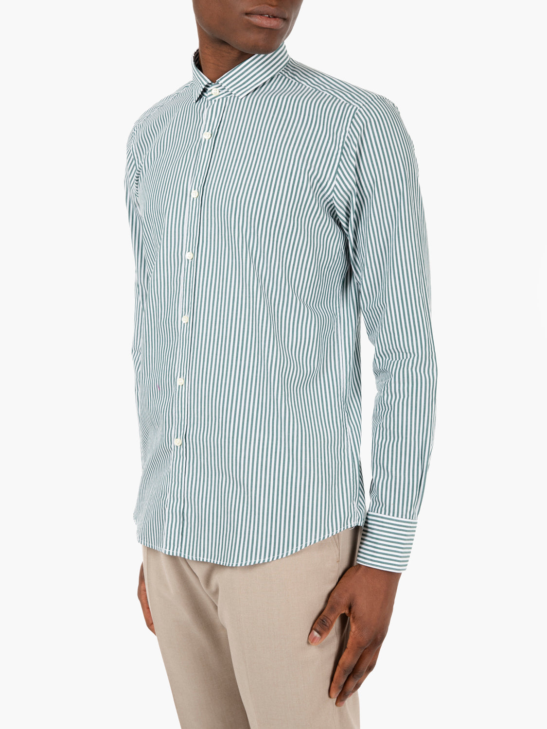 Camicia slim a righe verde / bianco