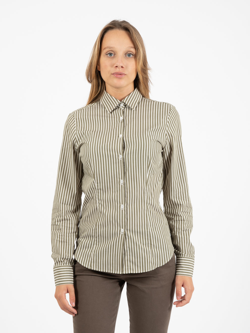 Camicia a righe in cotone verde / bianco