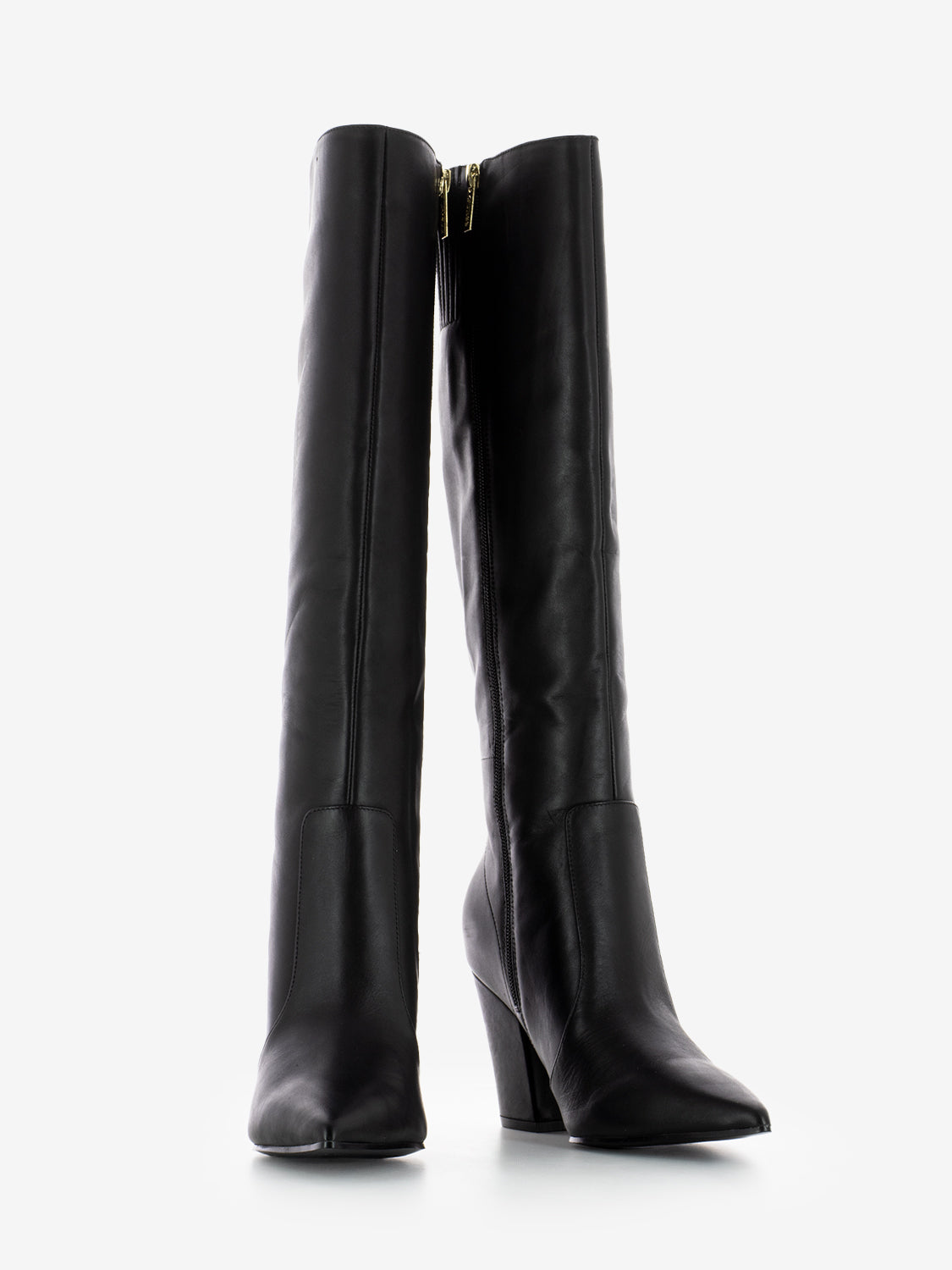 Black leather heeled boots