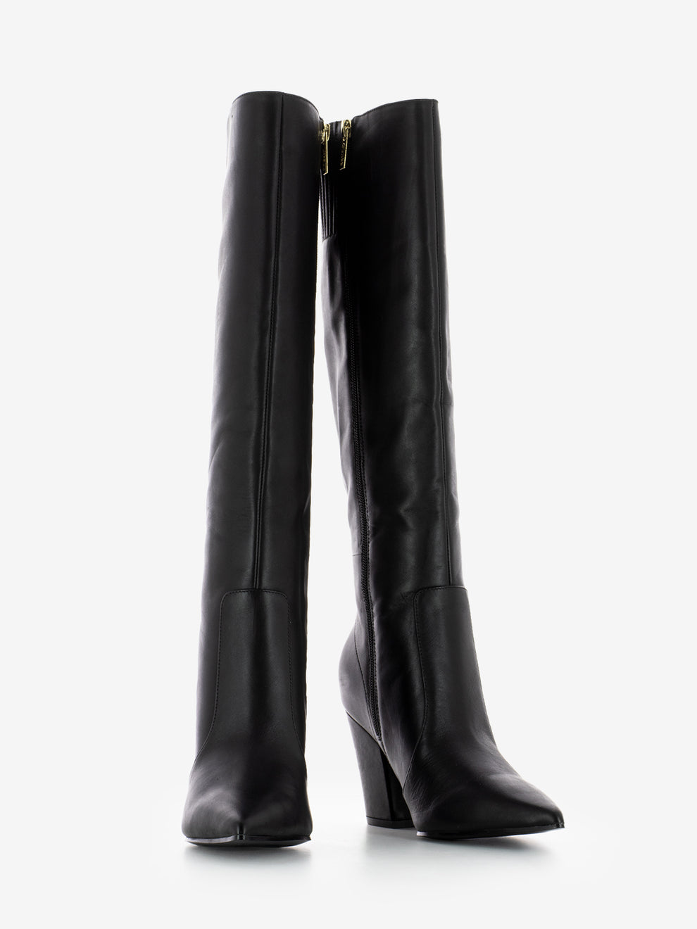Black leather heeled boots