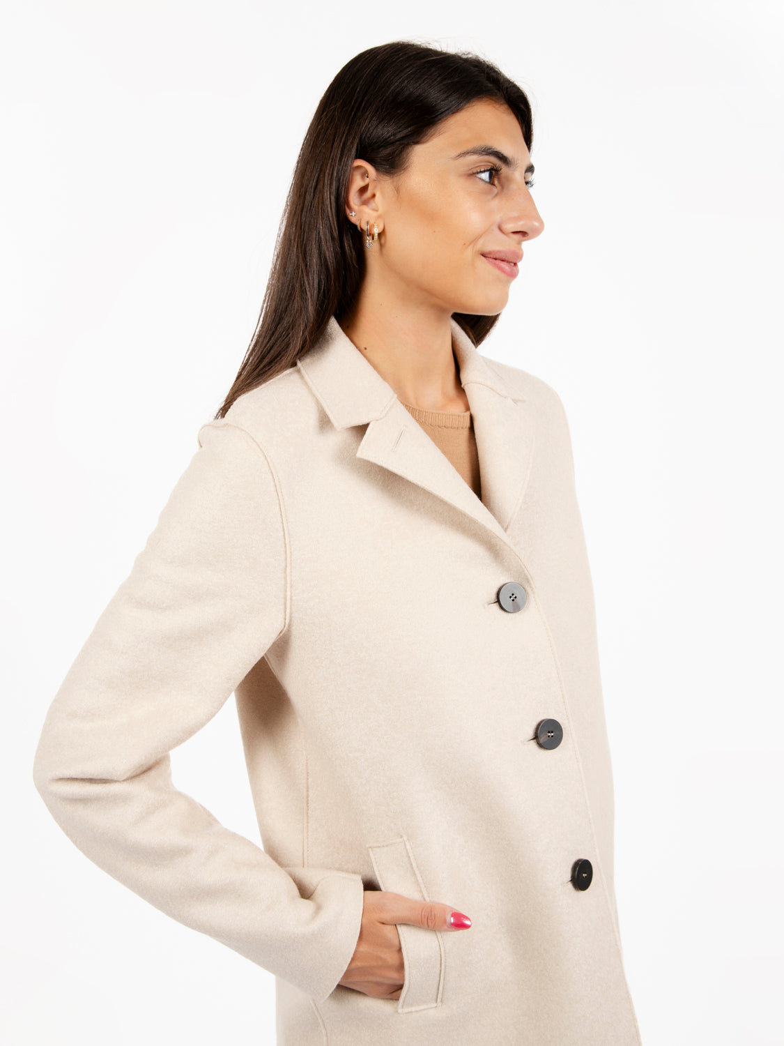 Button up boxy coat pressed wool almond