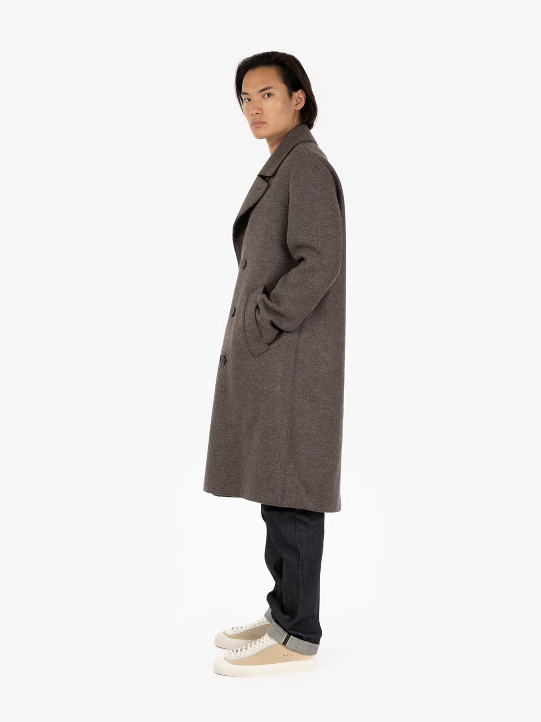 Cappotto doppiopetto in lana pressata brown / grey