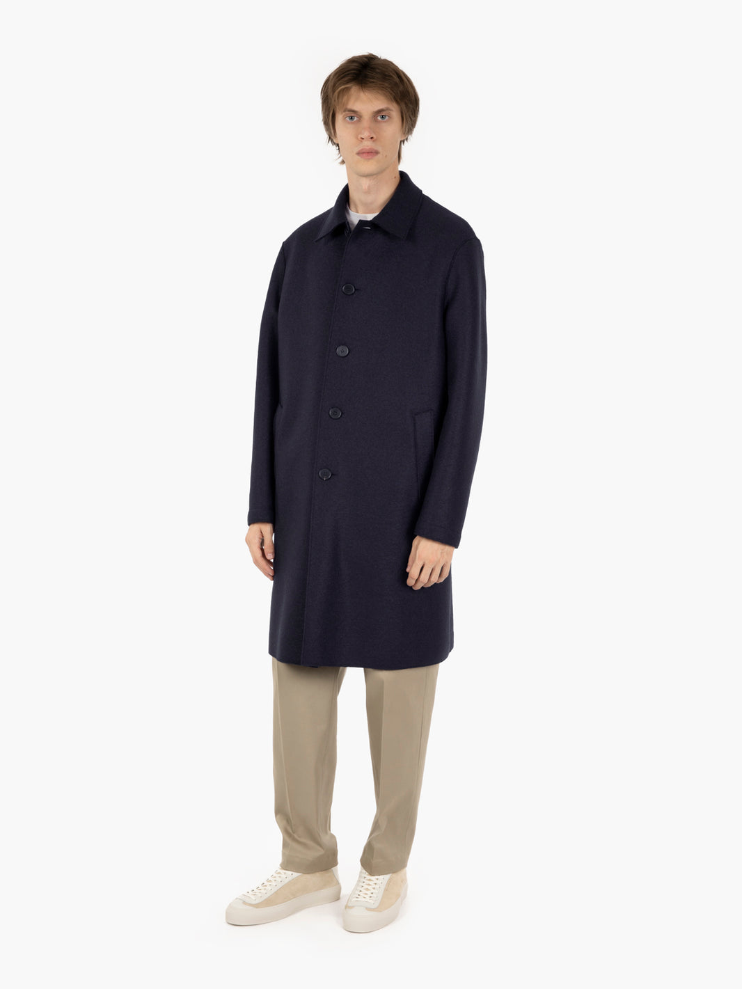 Long dark blue pressed wool coat