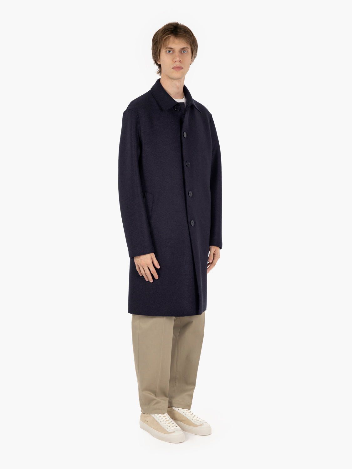 Long dark blue pressed wool coat