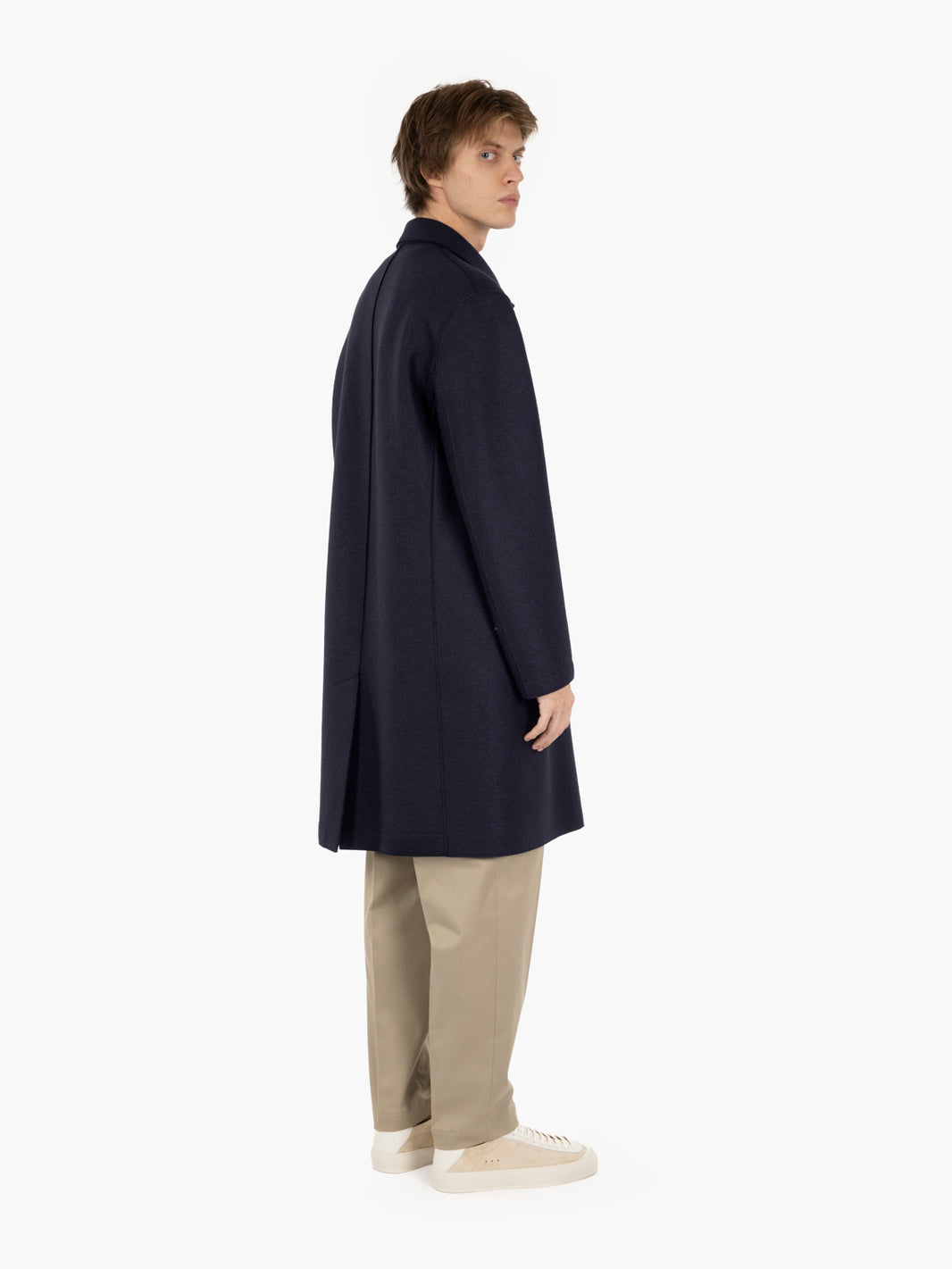Long dark blue pressed wool coat