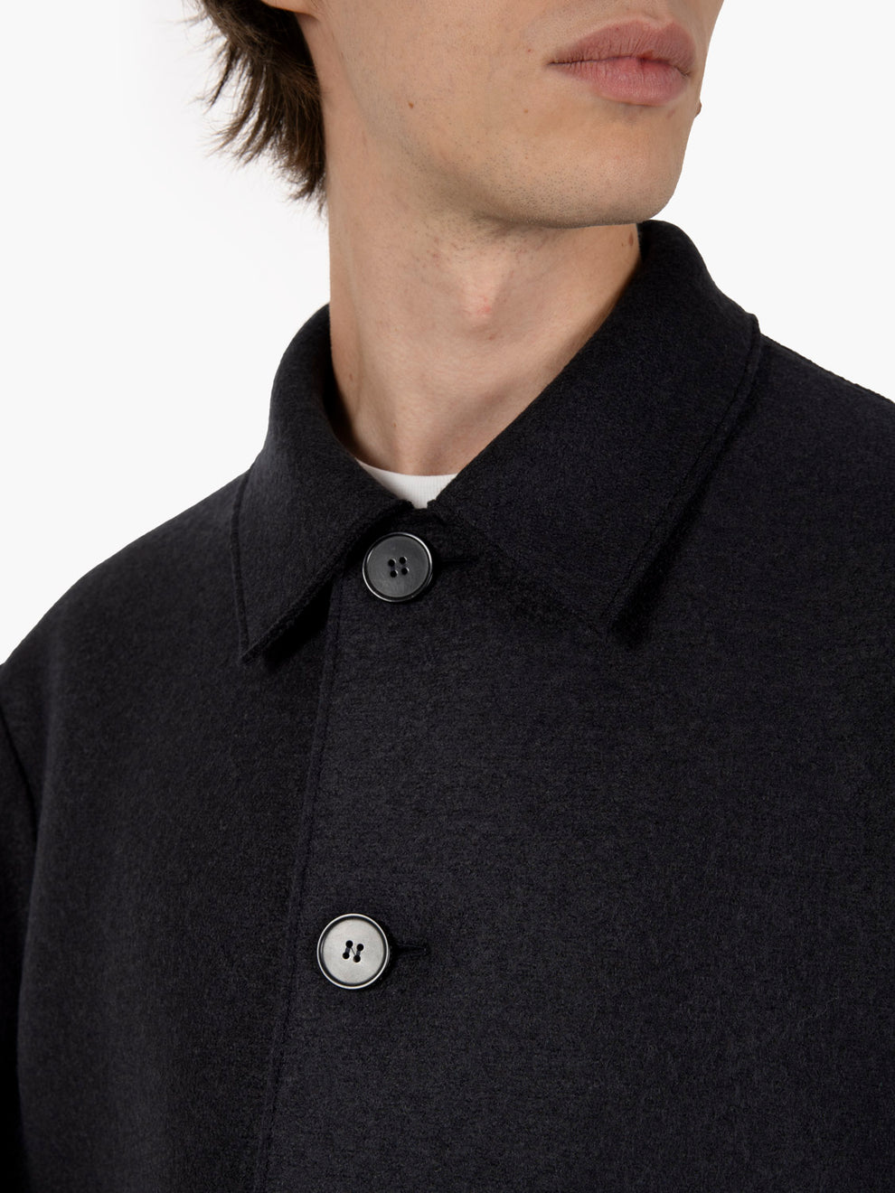Long dark blue pressed wool coat