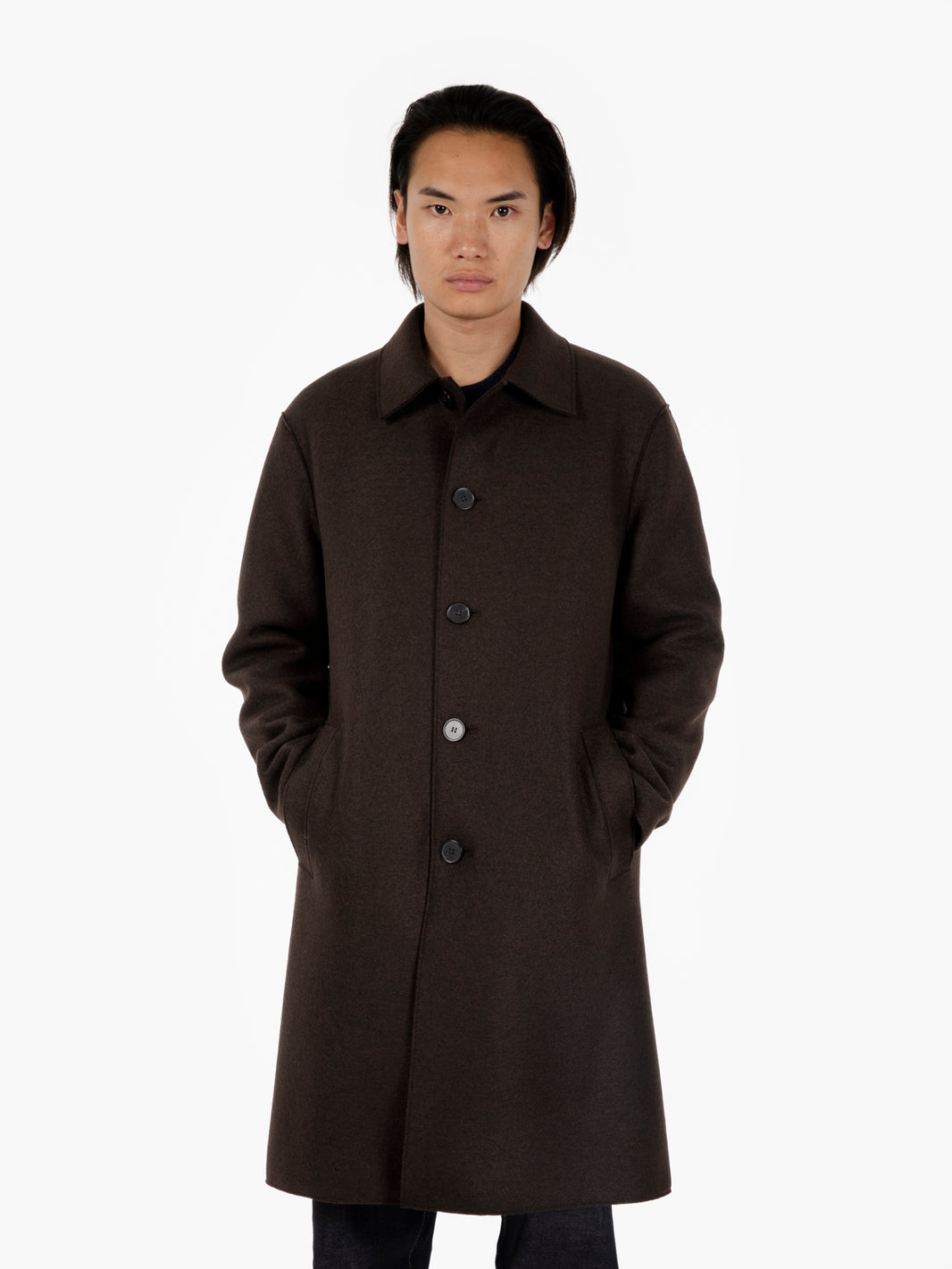 Long dark brown pressed wool coat