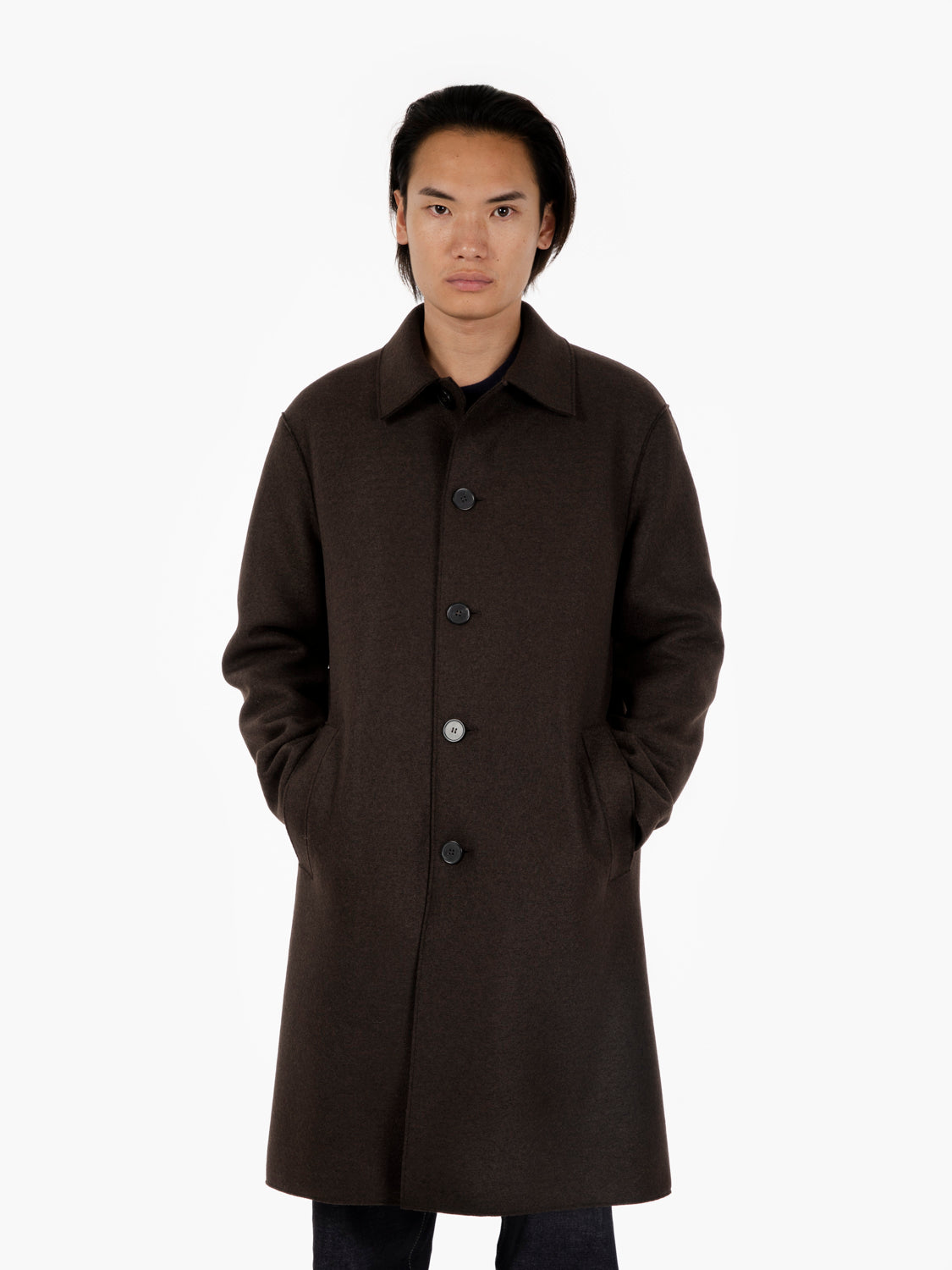 Long dark brown pressed wool coat