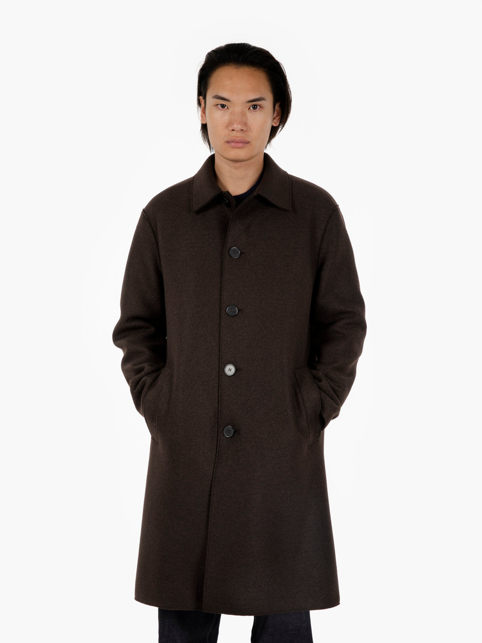 Long dark brown pressed wool coat