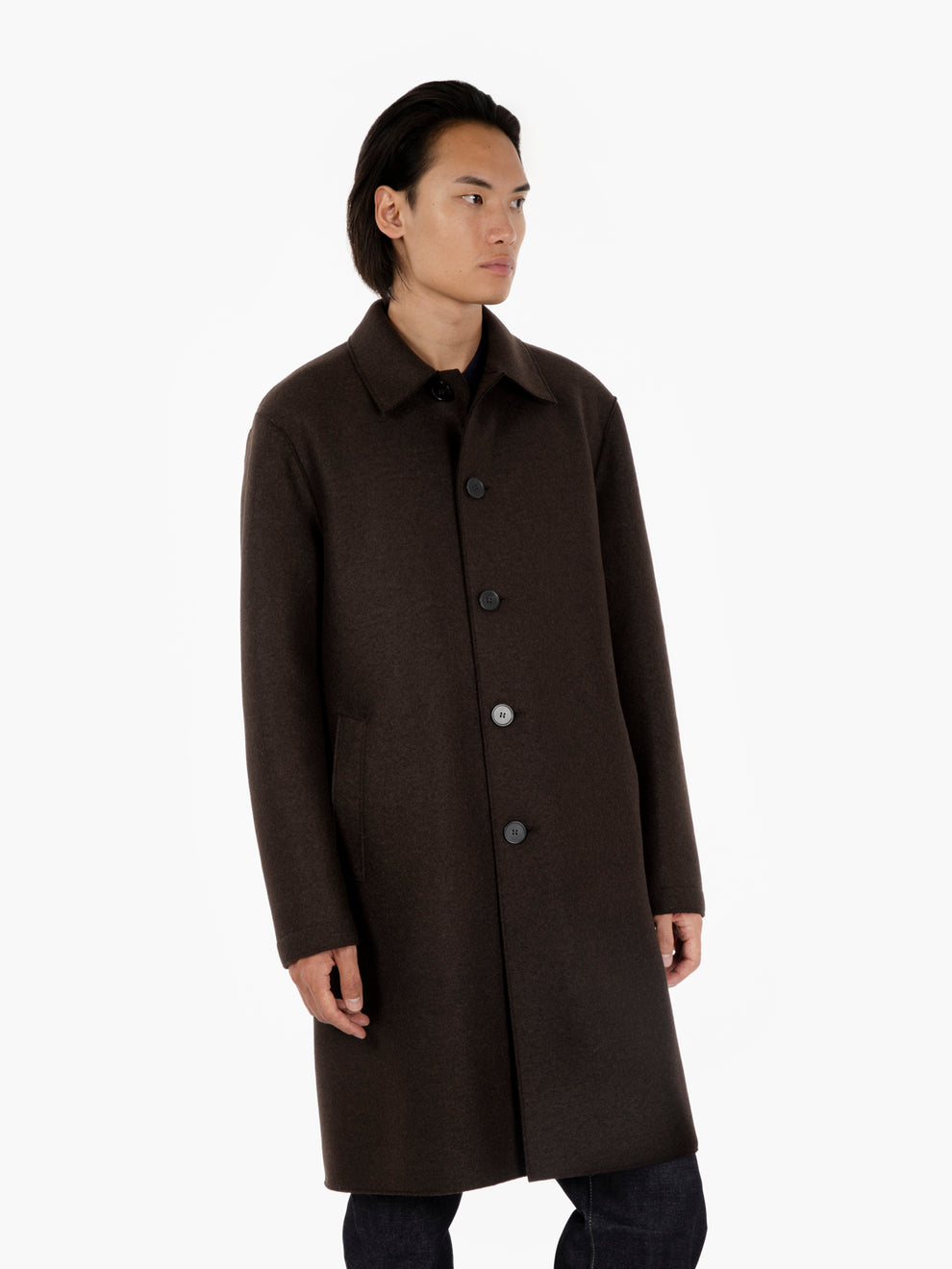 Long dark brown pressed wool coat