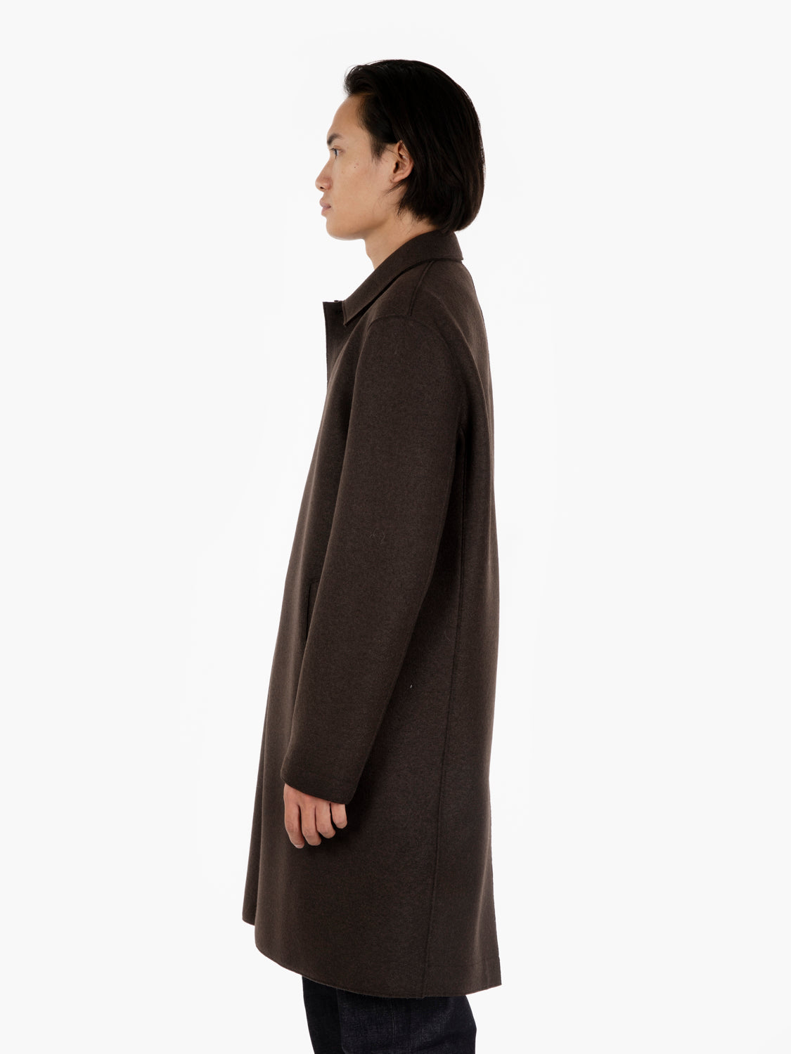 Long dark brown pressed wool coat
