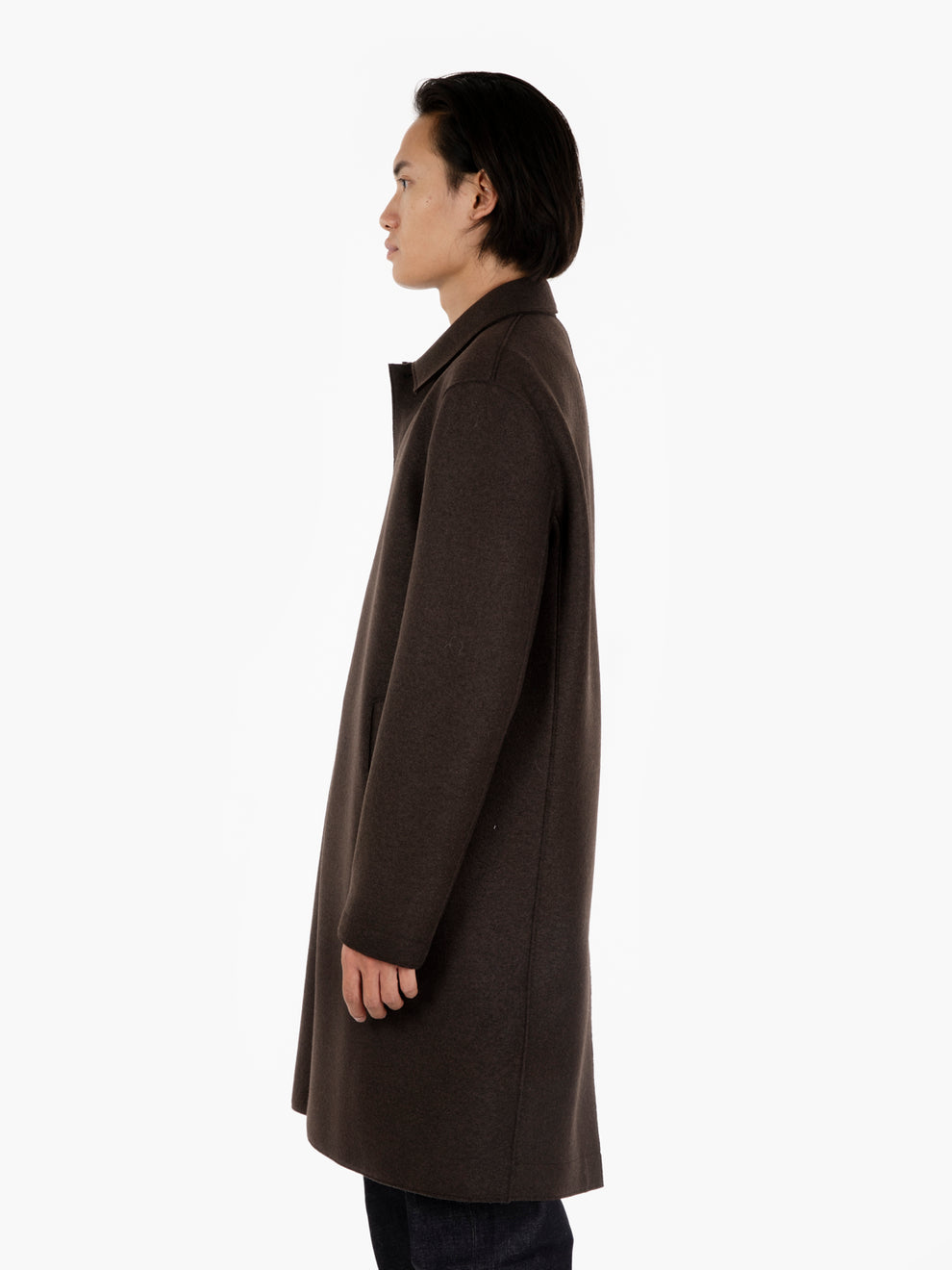 Long dark brown pressed wool coat