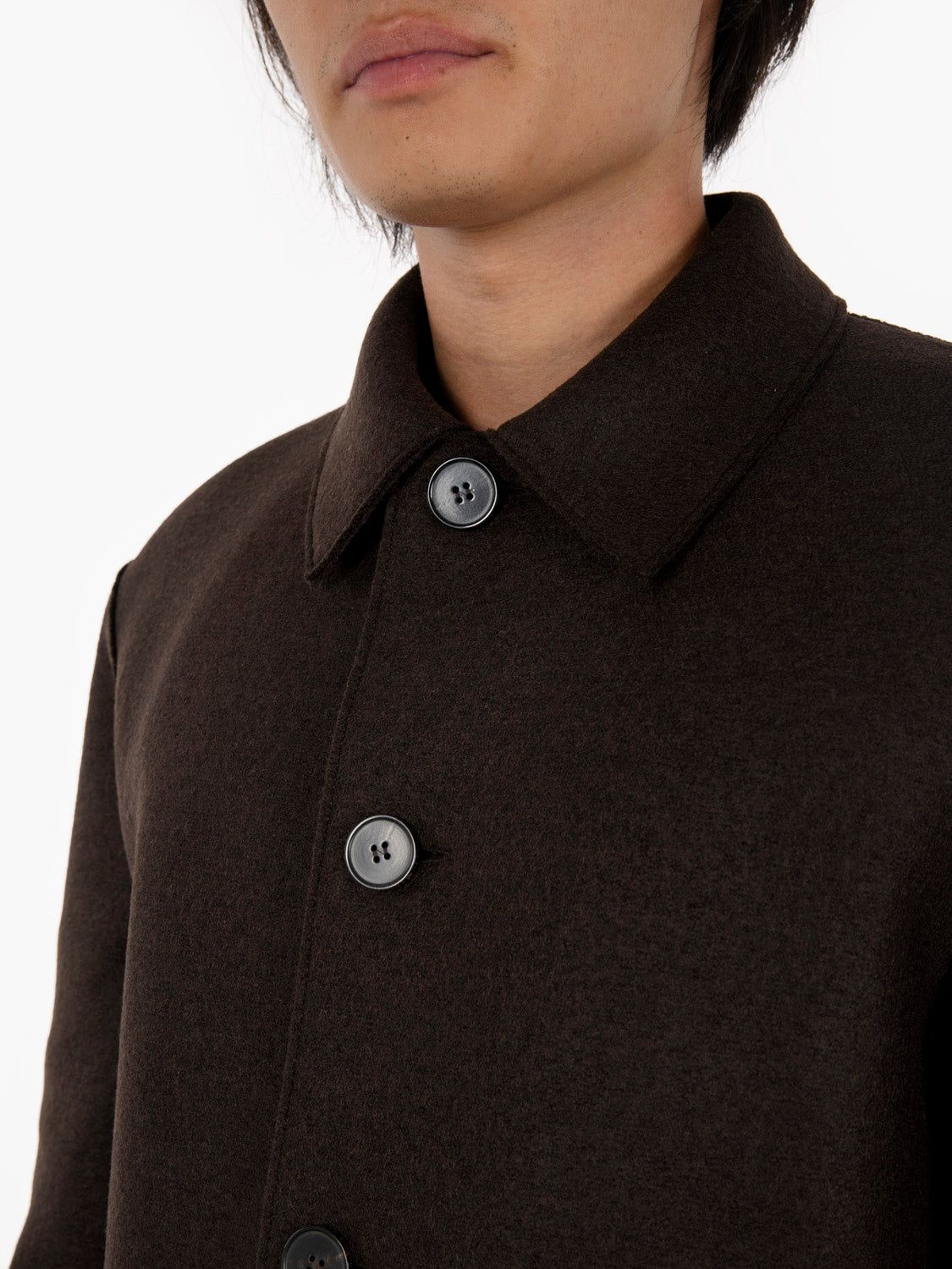 Long dark brown pressed wool coat