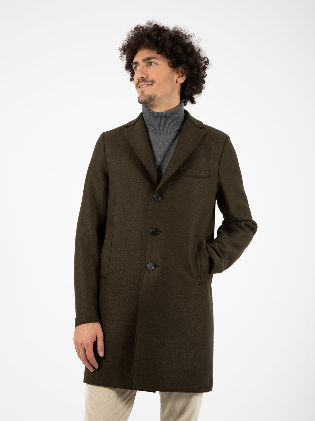 Men boxy coat pressed wool moss green