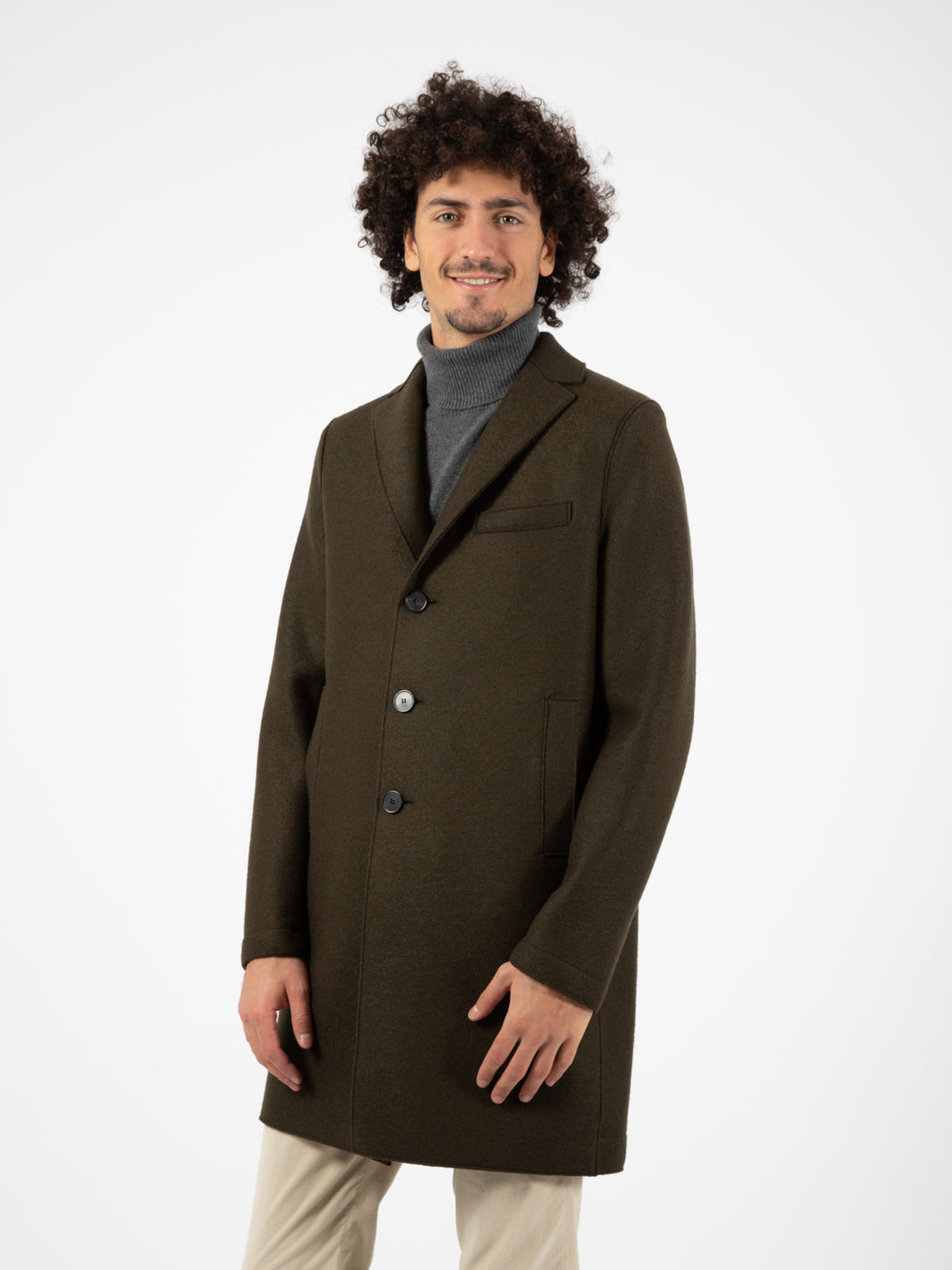 Men boxy coat pressed wool moss green