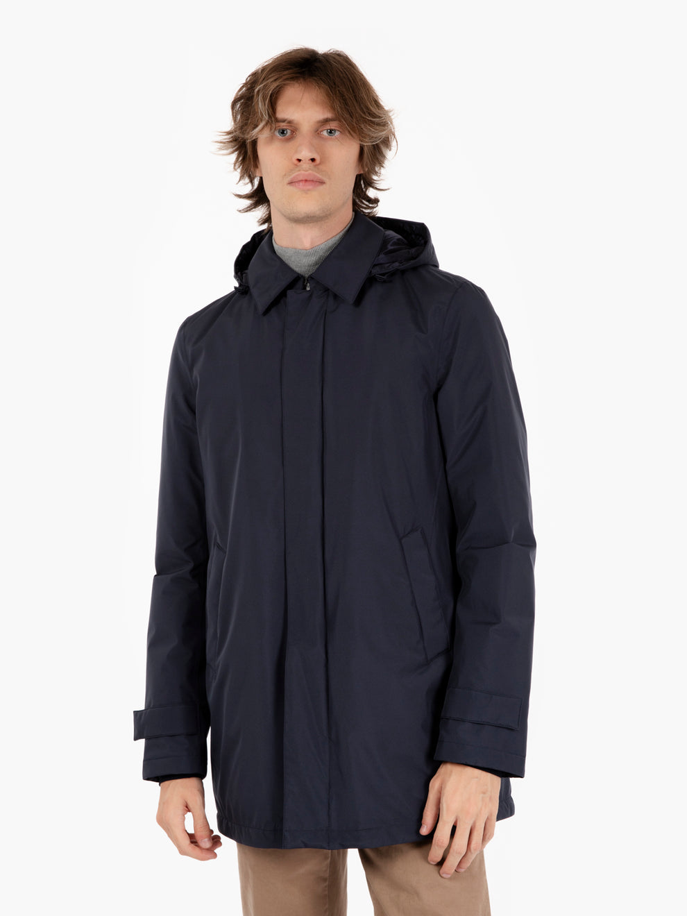 Long jacket with navy hood