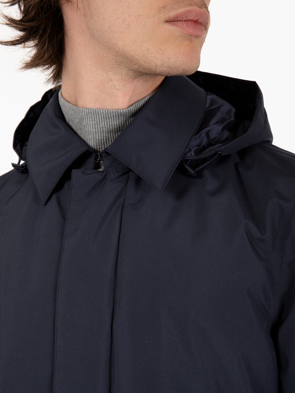 Long jacket with navy hood