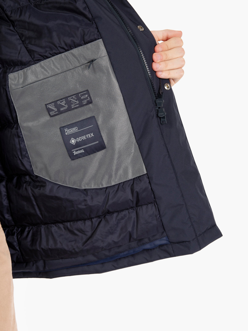Long jacket with navy hood