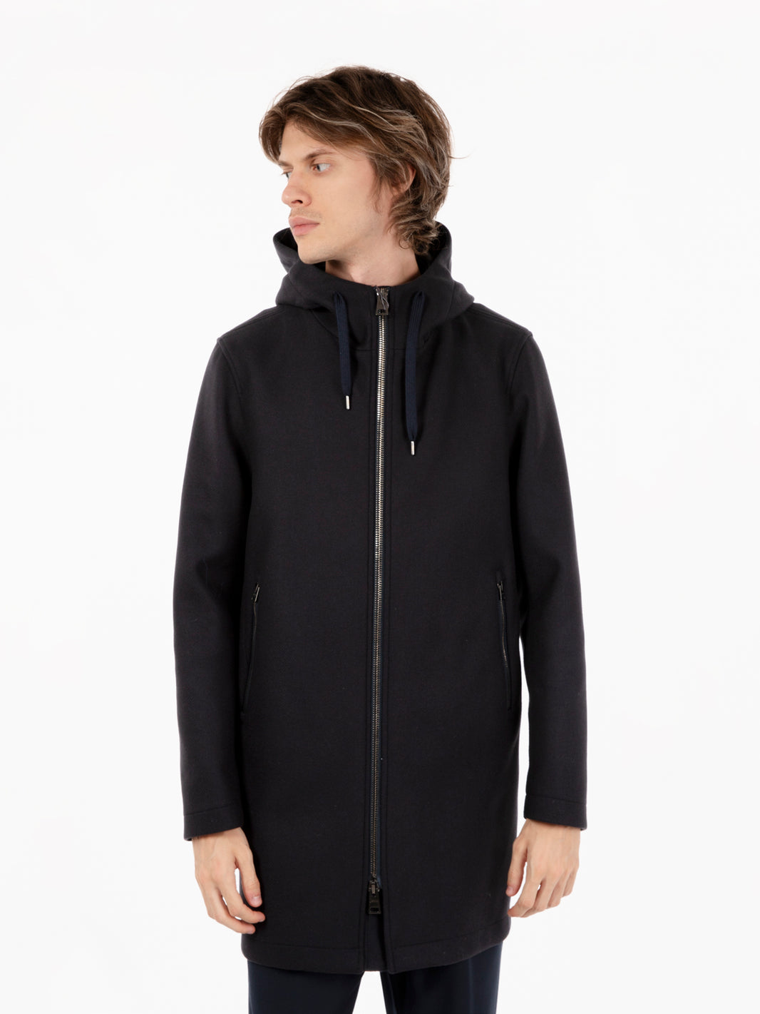 Long parka with blue hood