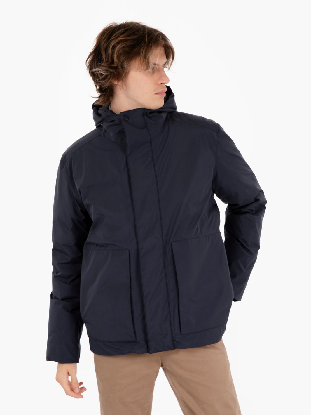 Blue hooded down jacket