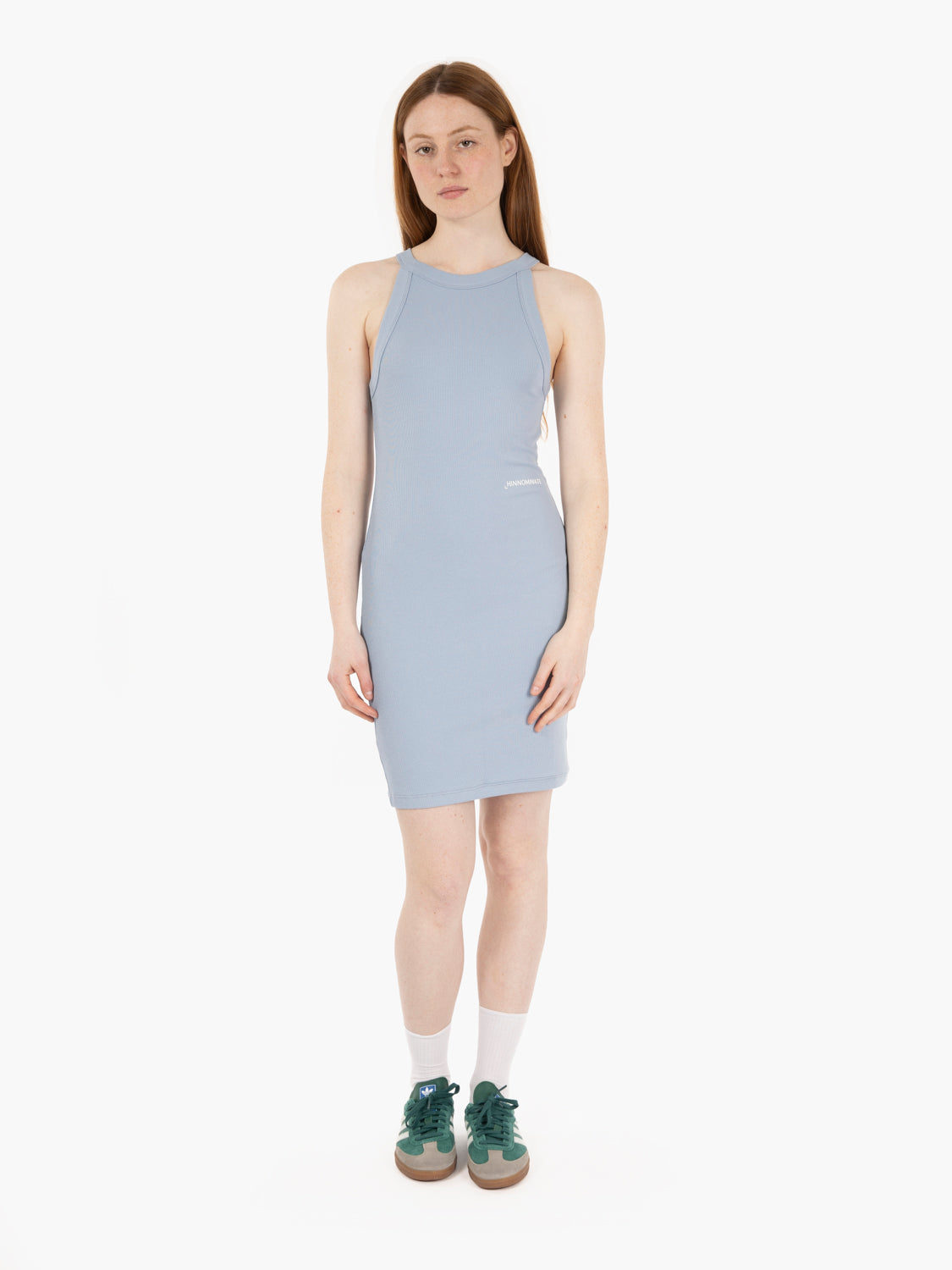 Light blue halter neck ribbed short dress
