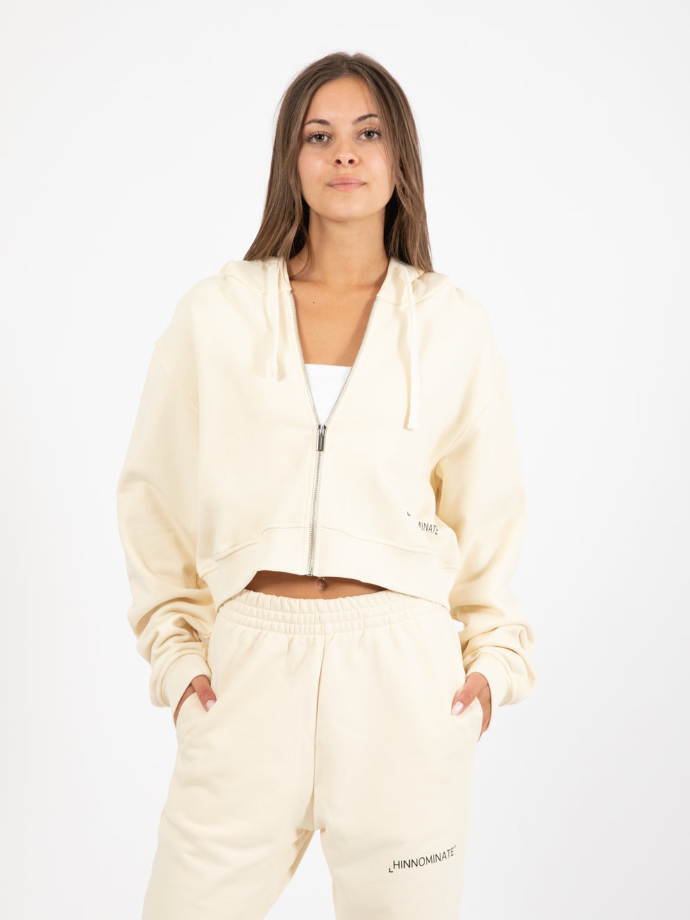 Felpa corta zip con cappuccio bianco burro