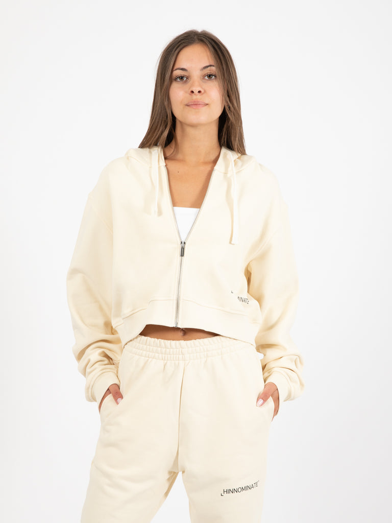 HINNOMINATE - Felpa corta zip con cappuccio bianco burro