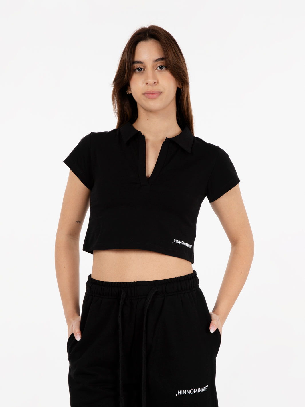 Polo crop maniche corte nero