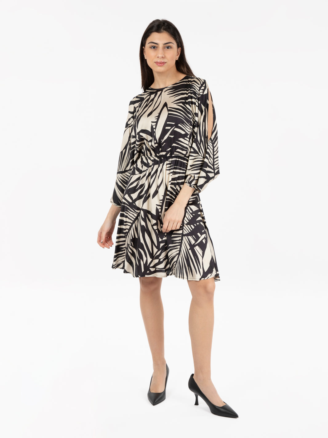 Cream/Black Viscose Flared Dress