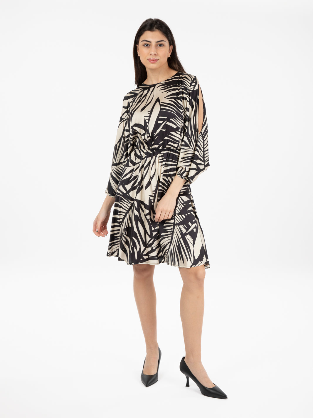 Cream/Black Viscose Flared Dress