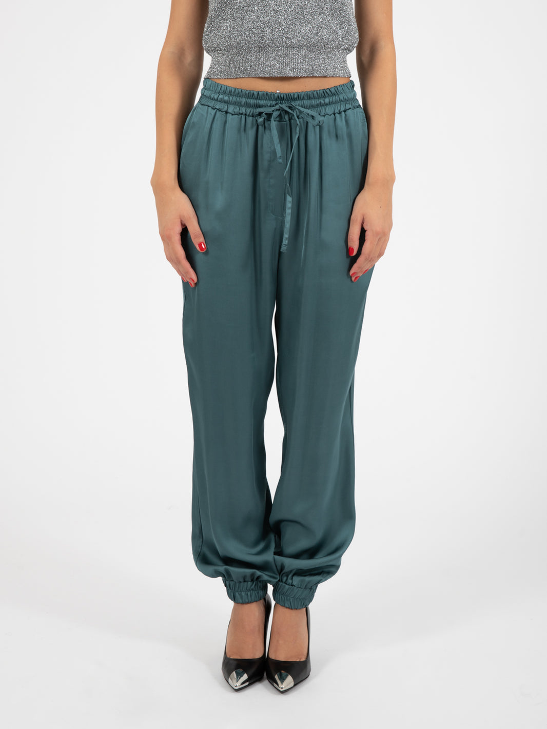 Teal satin trousers