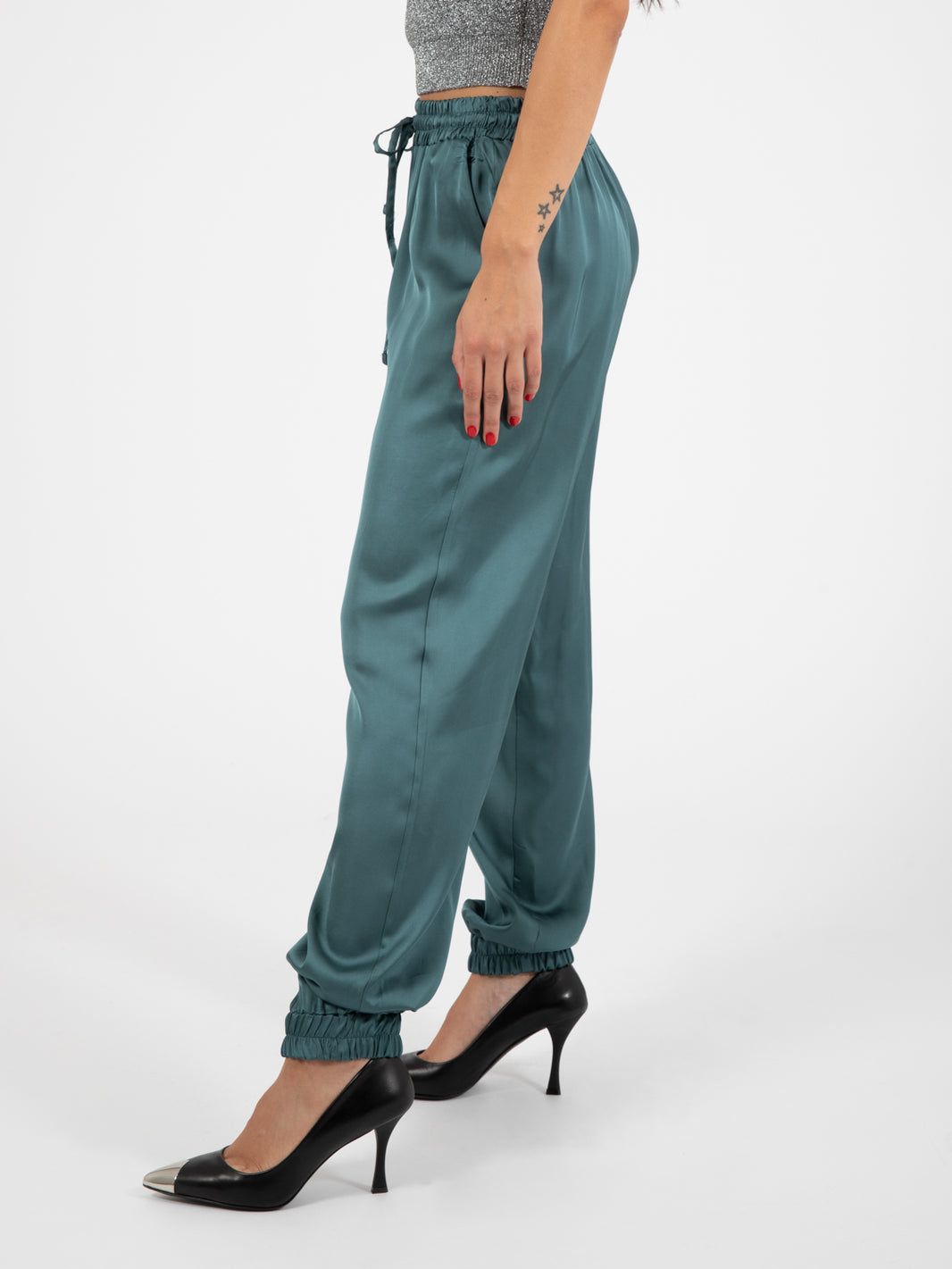 Teal satin trousers