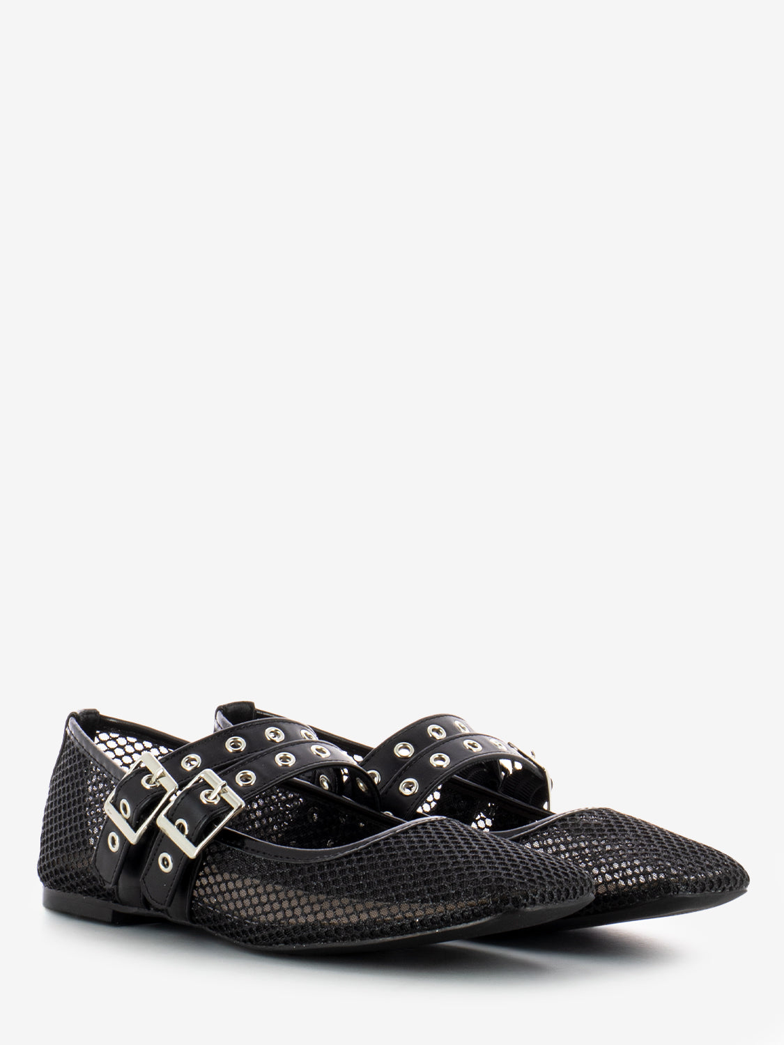Black double buckle mesh ballerinas