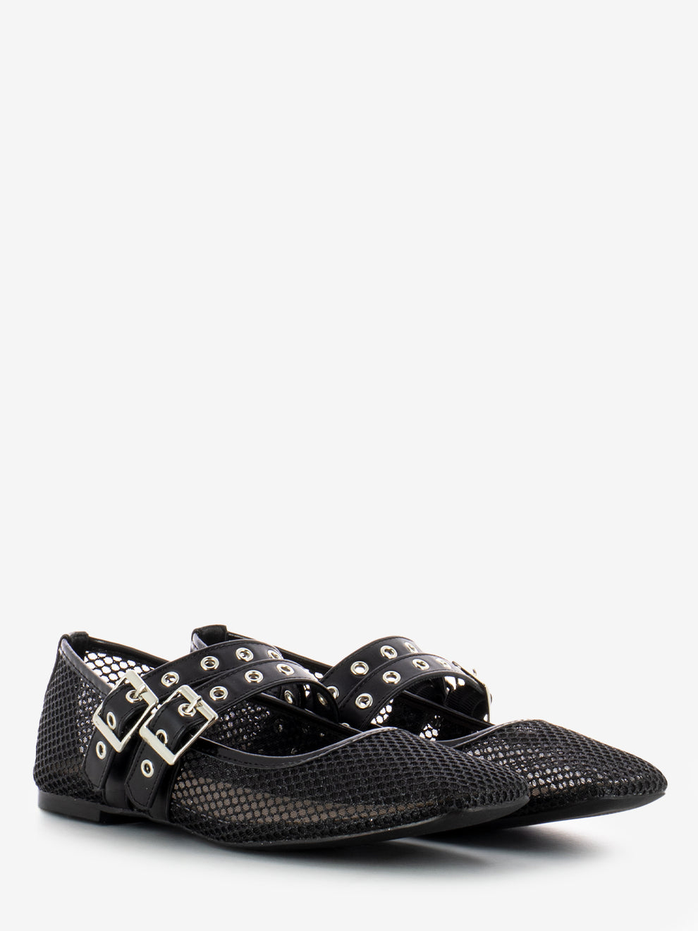 Black double buckle mesh ballerinas