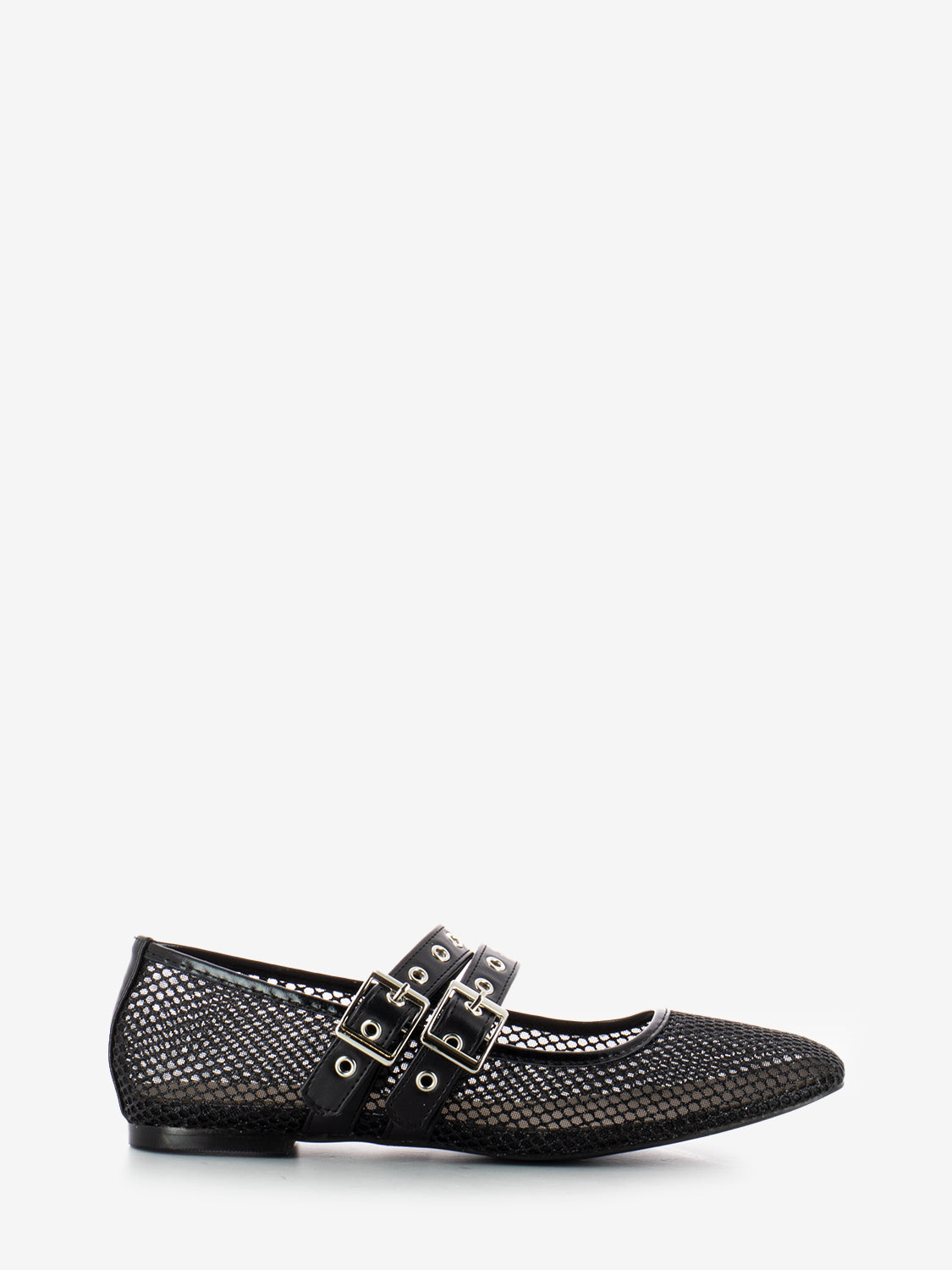 Black double buckle mesh ballerinas