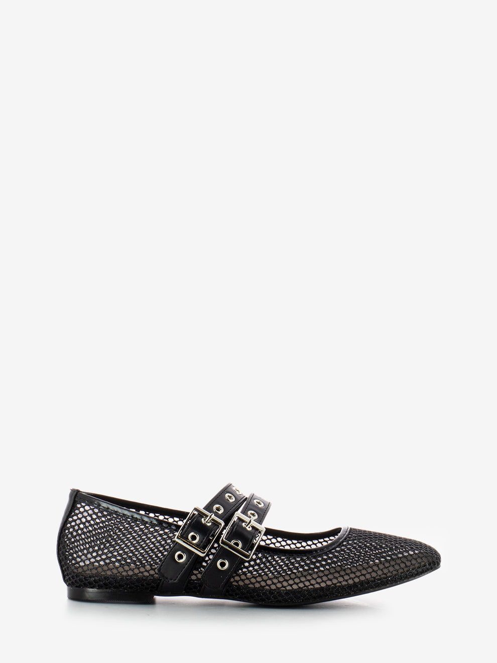 Black double buckle mesh ballerinas