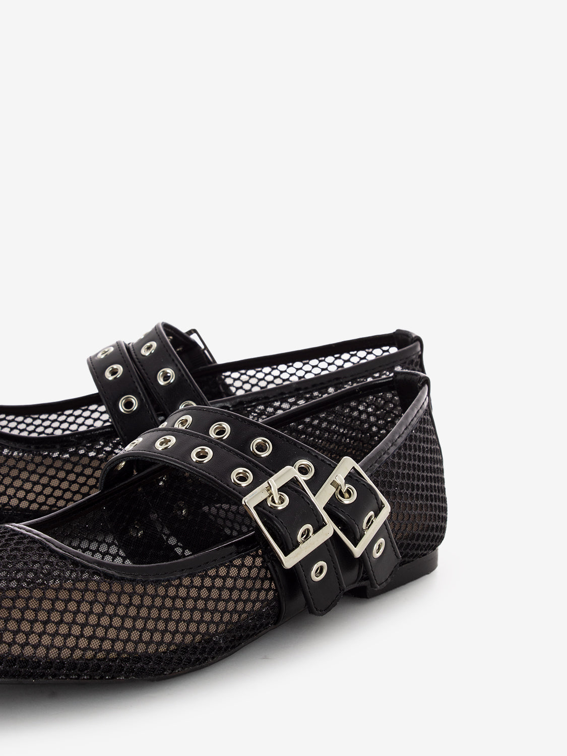 Black double buckle mesh ballerinas