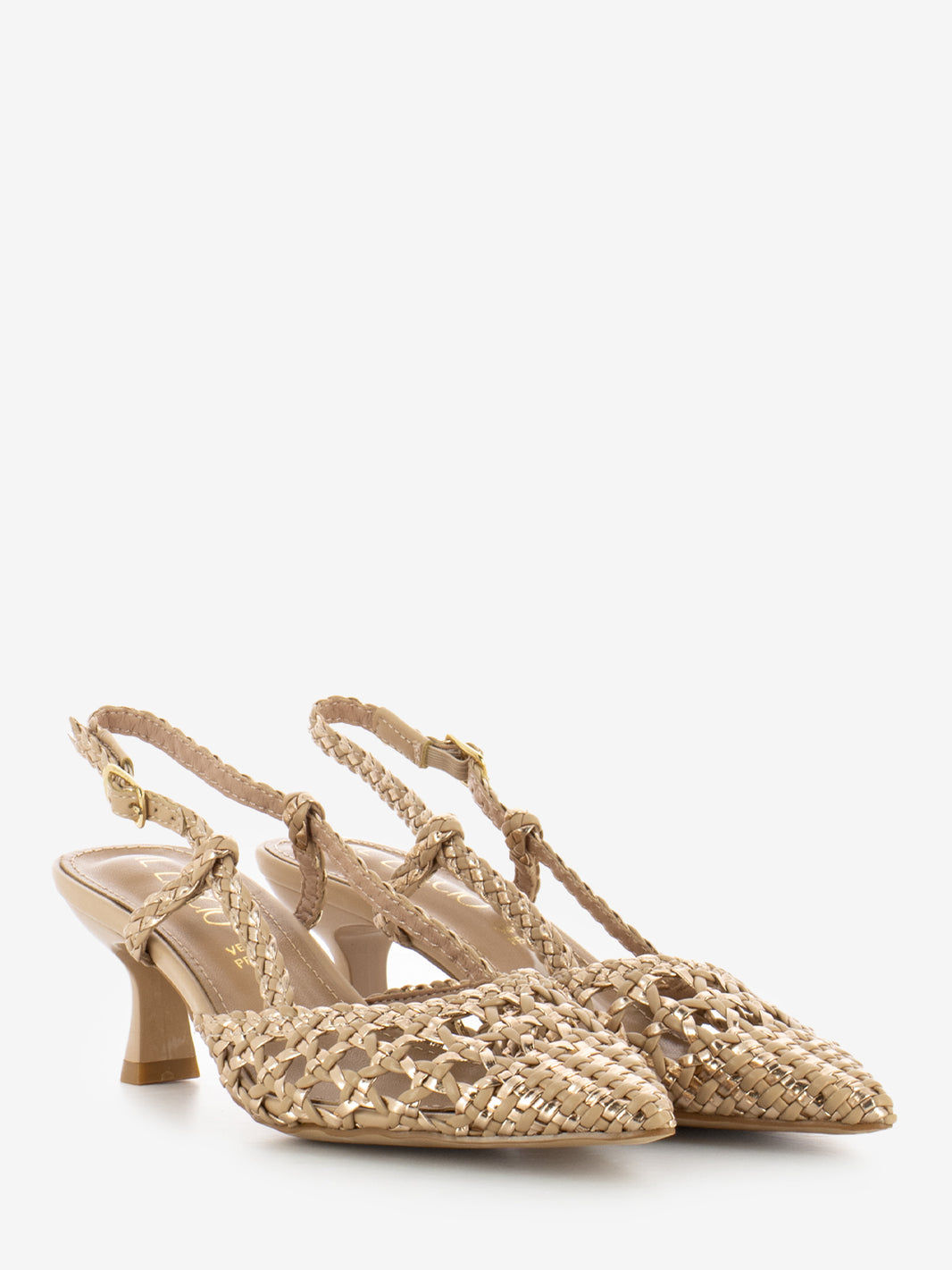 Slingback in pelle intrecciata nude / oro