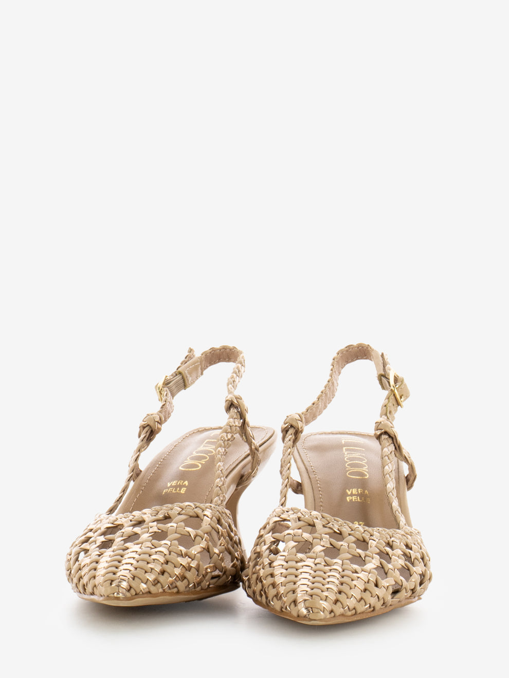 Slingback in pelle intrecciata nude / oro