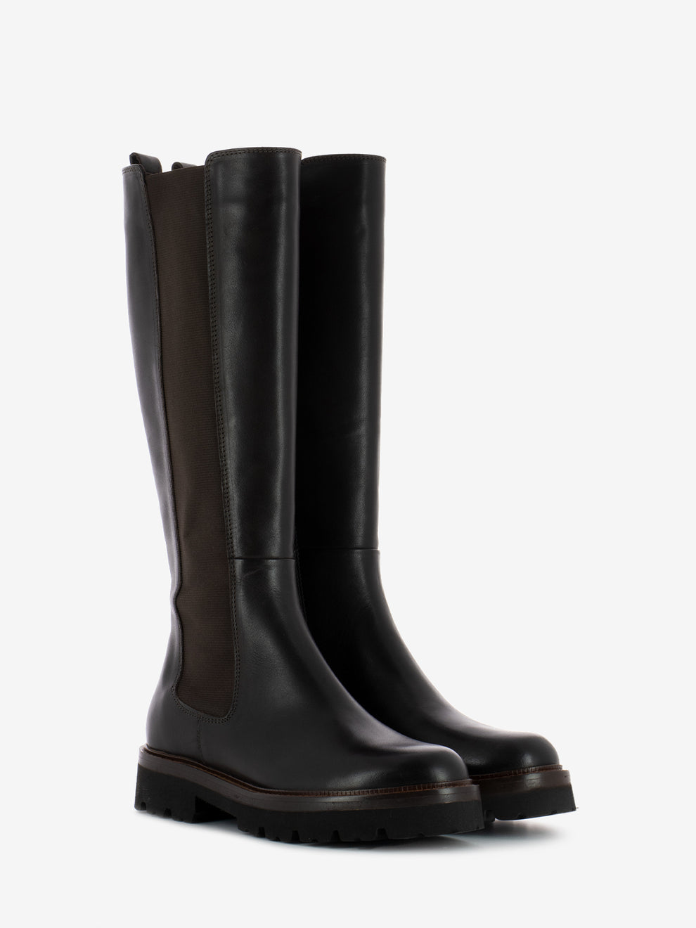 Stivali alti in pelle con elastico marrone