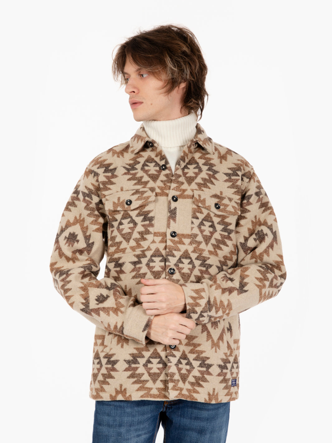 Beige geometric pattern flannel overshirt