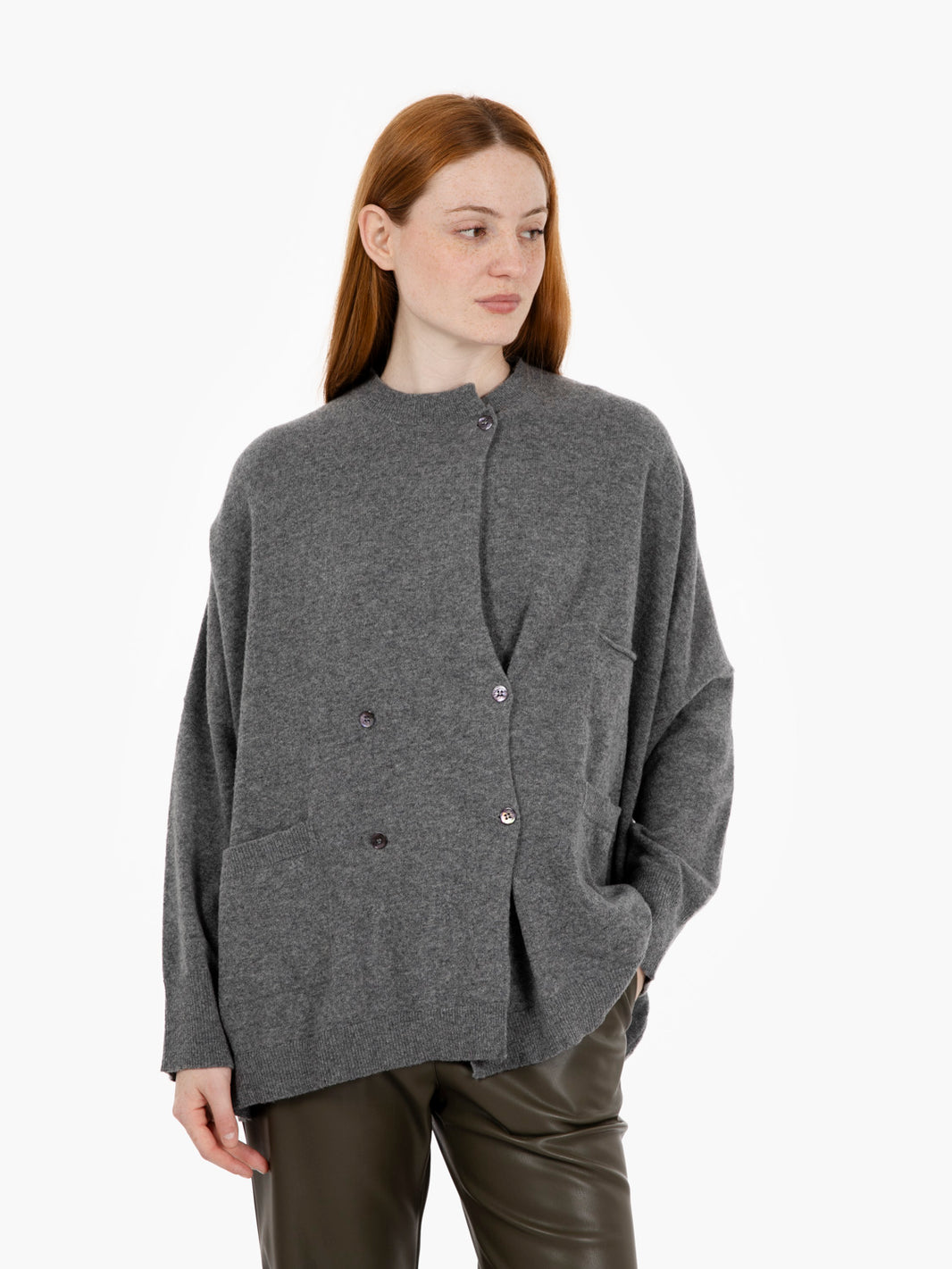 Stone double-breasted wool cardigan