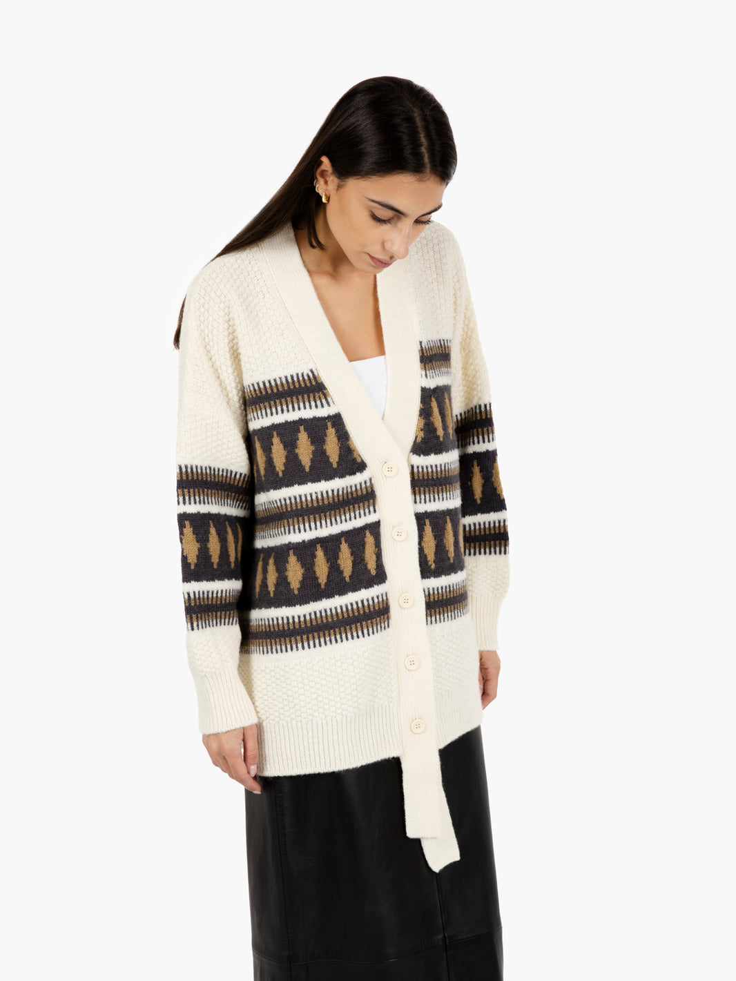 Cardigan jacquard in lana stone