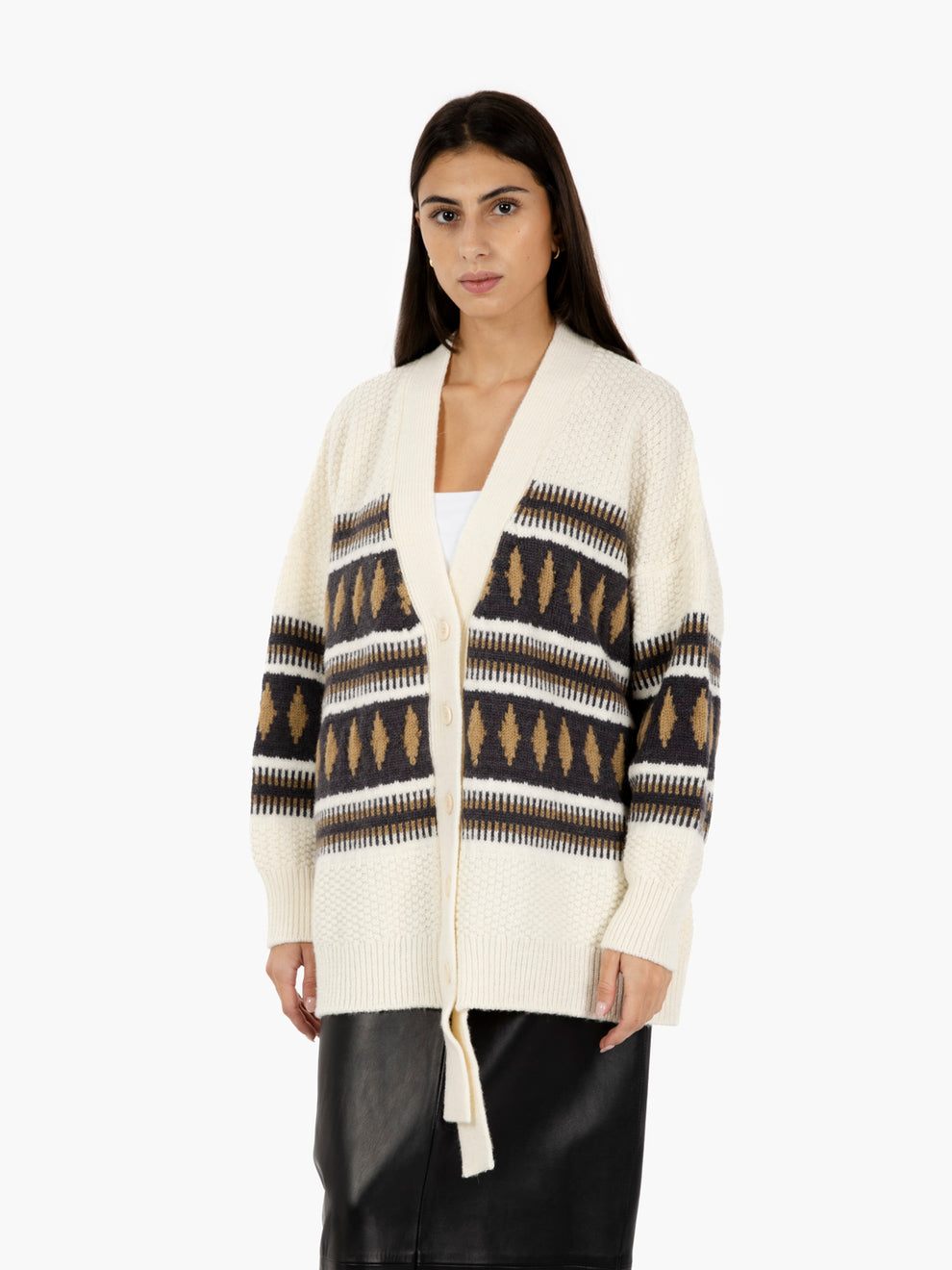 Cardigan jacquard in lana stone