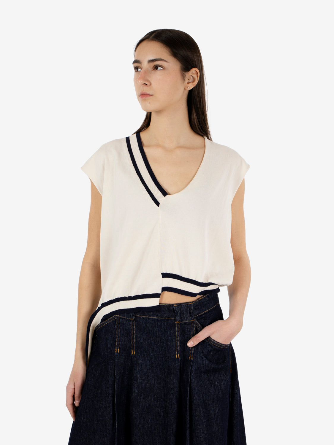 Asymmetric chalk / blue cotton waistcoat