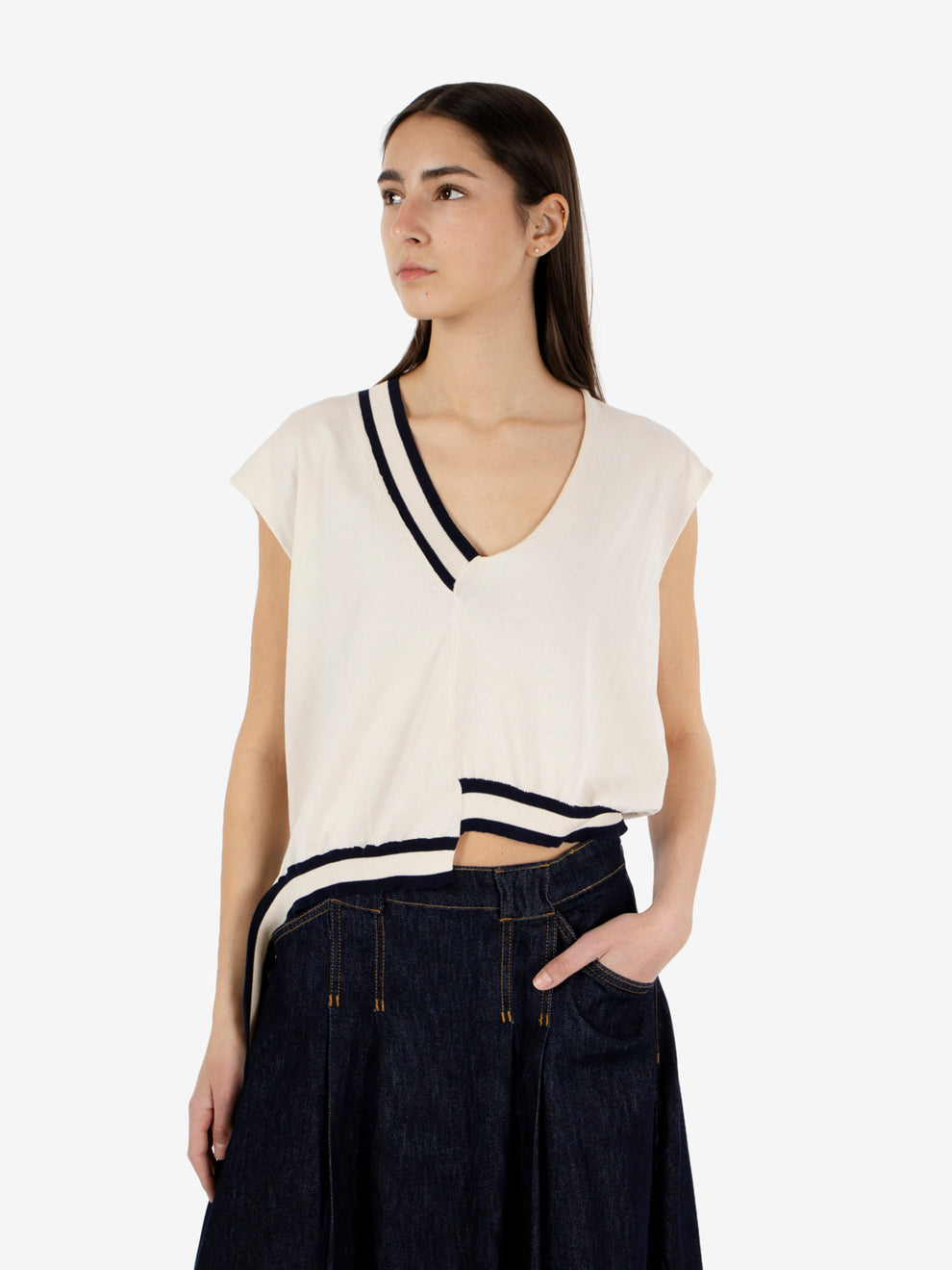 Asymmetric chalk / blue cotton waistcoat