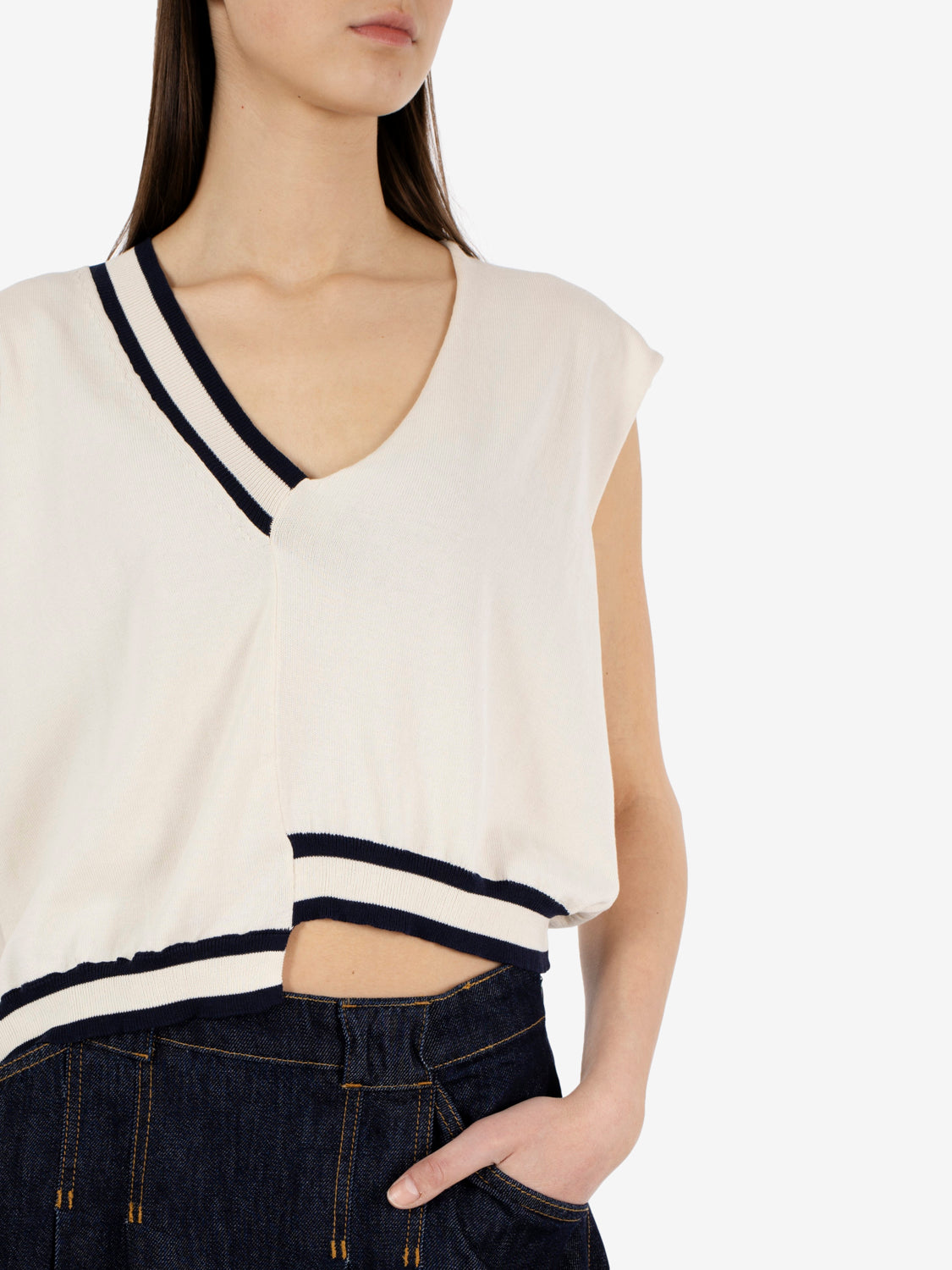 Asymmetric chalk / blue cotton waistcoat