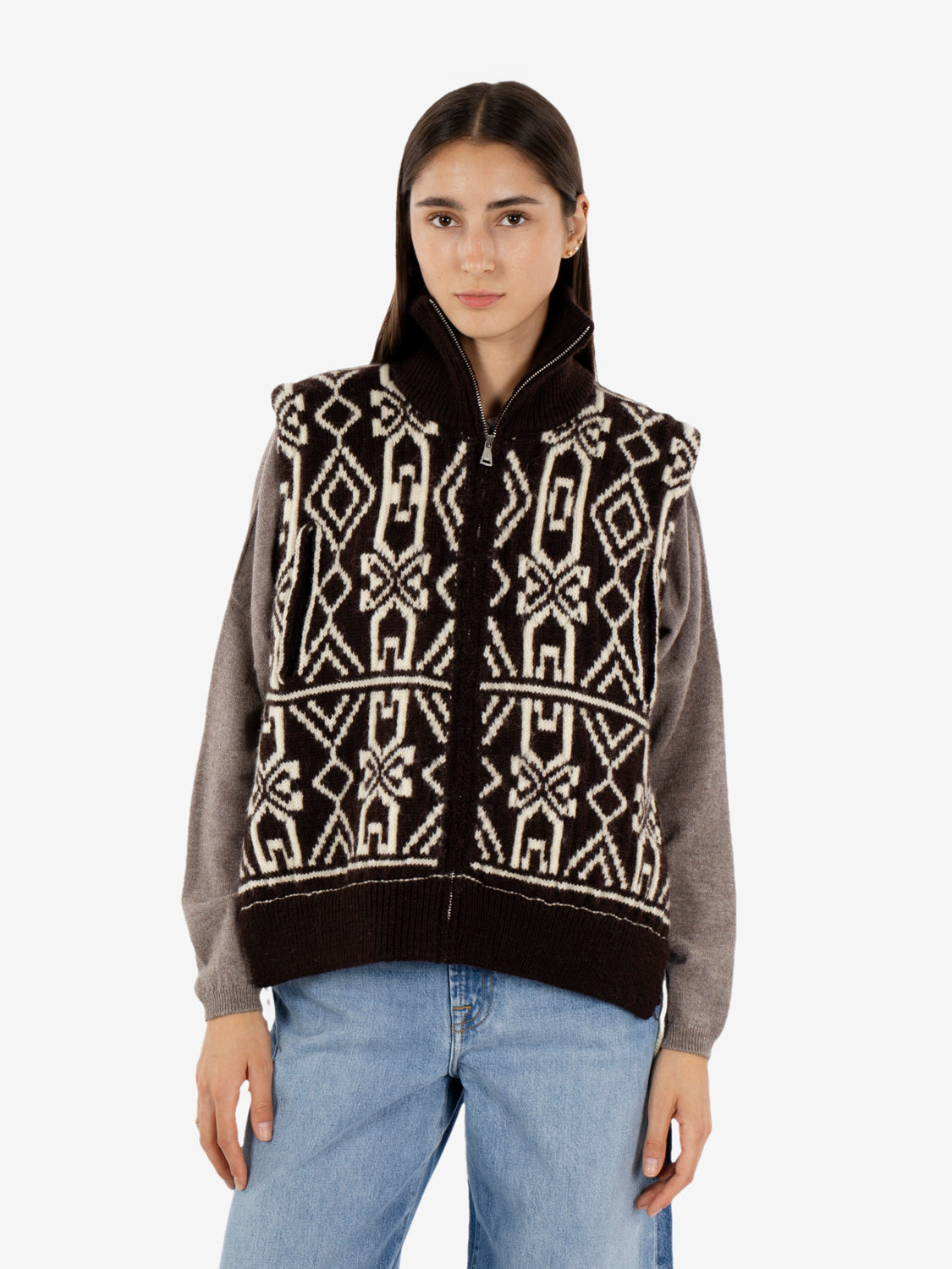 Gilet con zip fantasia caffè